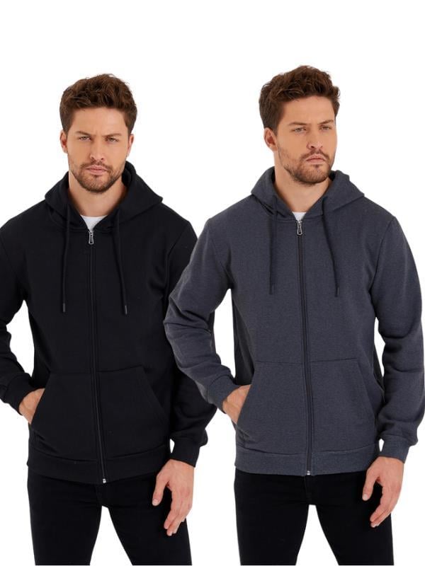 Siyah-Antrasit Kanguru Cepli Kapüşonlu Fermuarlı İçi Pamuklu 2'Li Erkek Sweatshirt