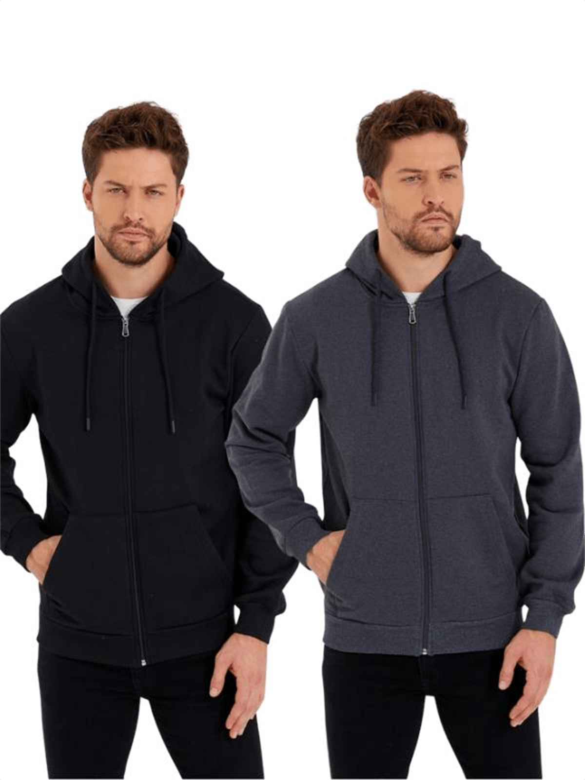 Siyah-Antrasit Kanguru Cepli Kapüşonlu Fermuarlı İçi Pamuklu 2'Li Erkek Sweatshirt