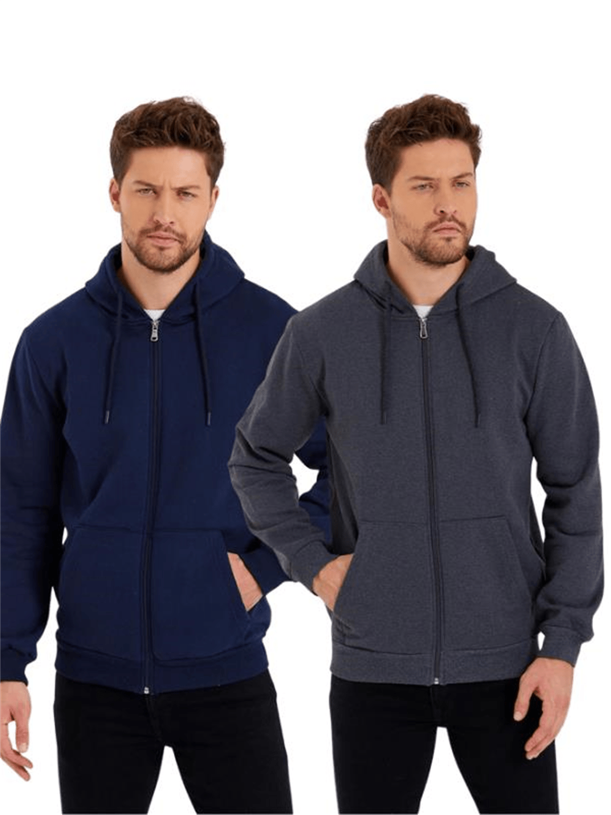 Siyah-Antrasit Kanguru Cepli Kapüşonlu Fermuarlı İçi Pamuklu 2'Li Erkek Sweatshirt