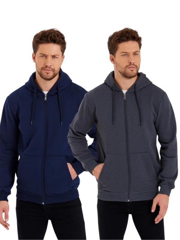 Siyah-Antrasit Kanguru Cepli Kapüşonlu Fermuarlı İçi Pamuklu 2'Li Erkek Sweatshirt