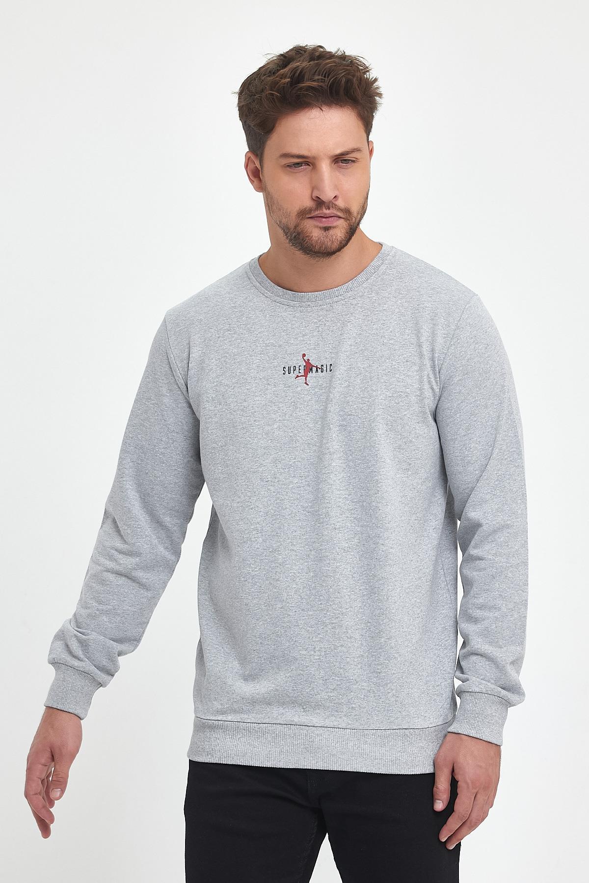 Siyah-Gri Erkek Supermagic Göğüs Baskılı Basic 2'li Sweatshirt