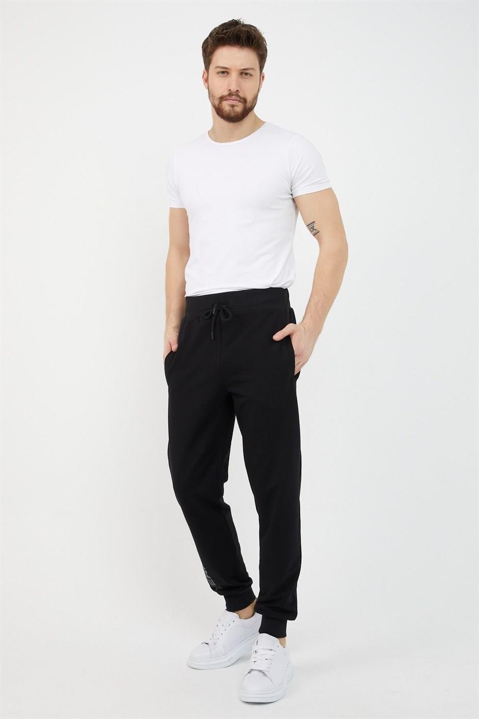 Slim Fit Siyah Baskılı Erkek Eşofman Altı