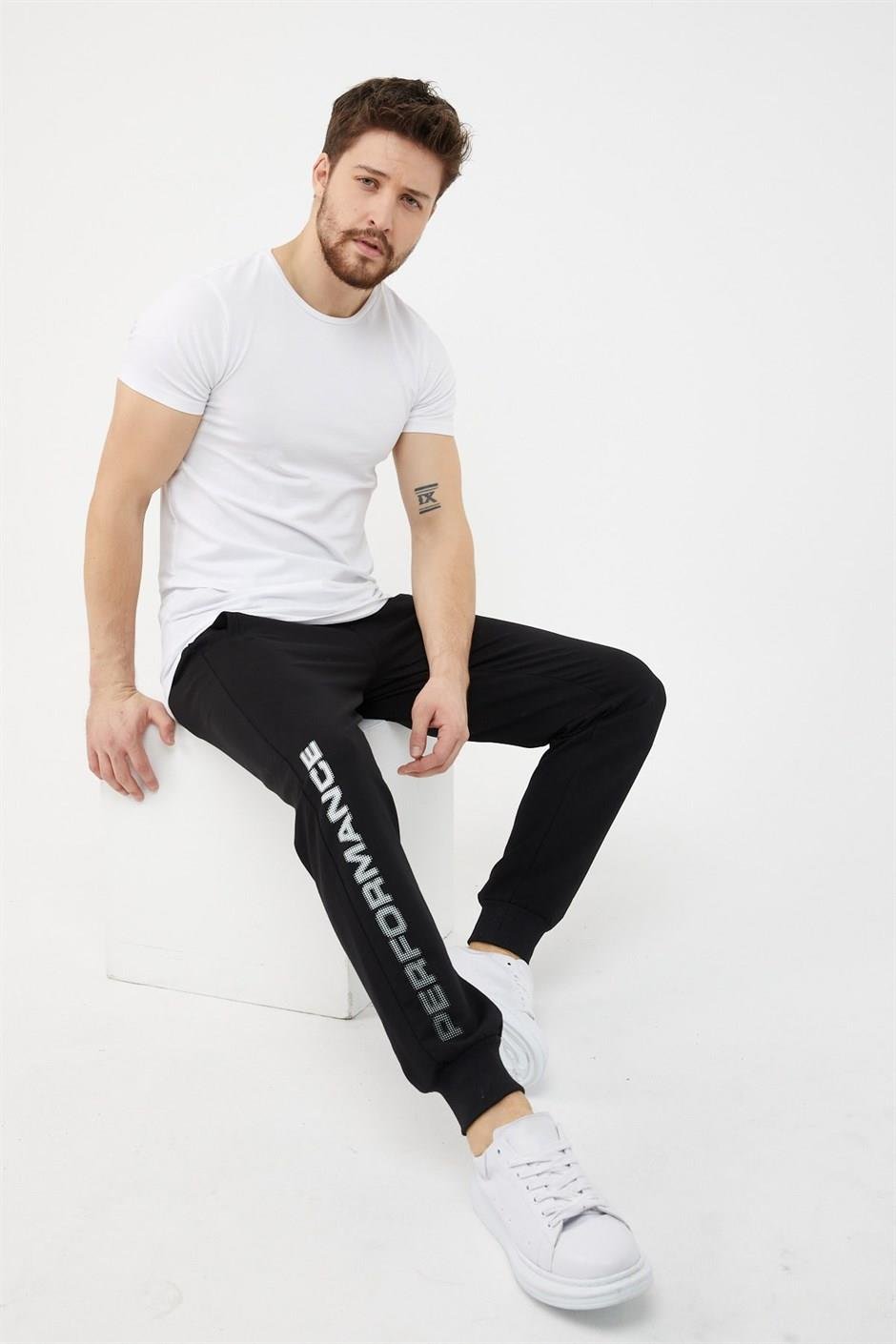 Slim Fit Siyah Baskılı Erkek Eşofman Altı