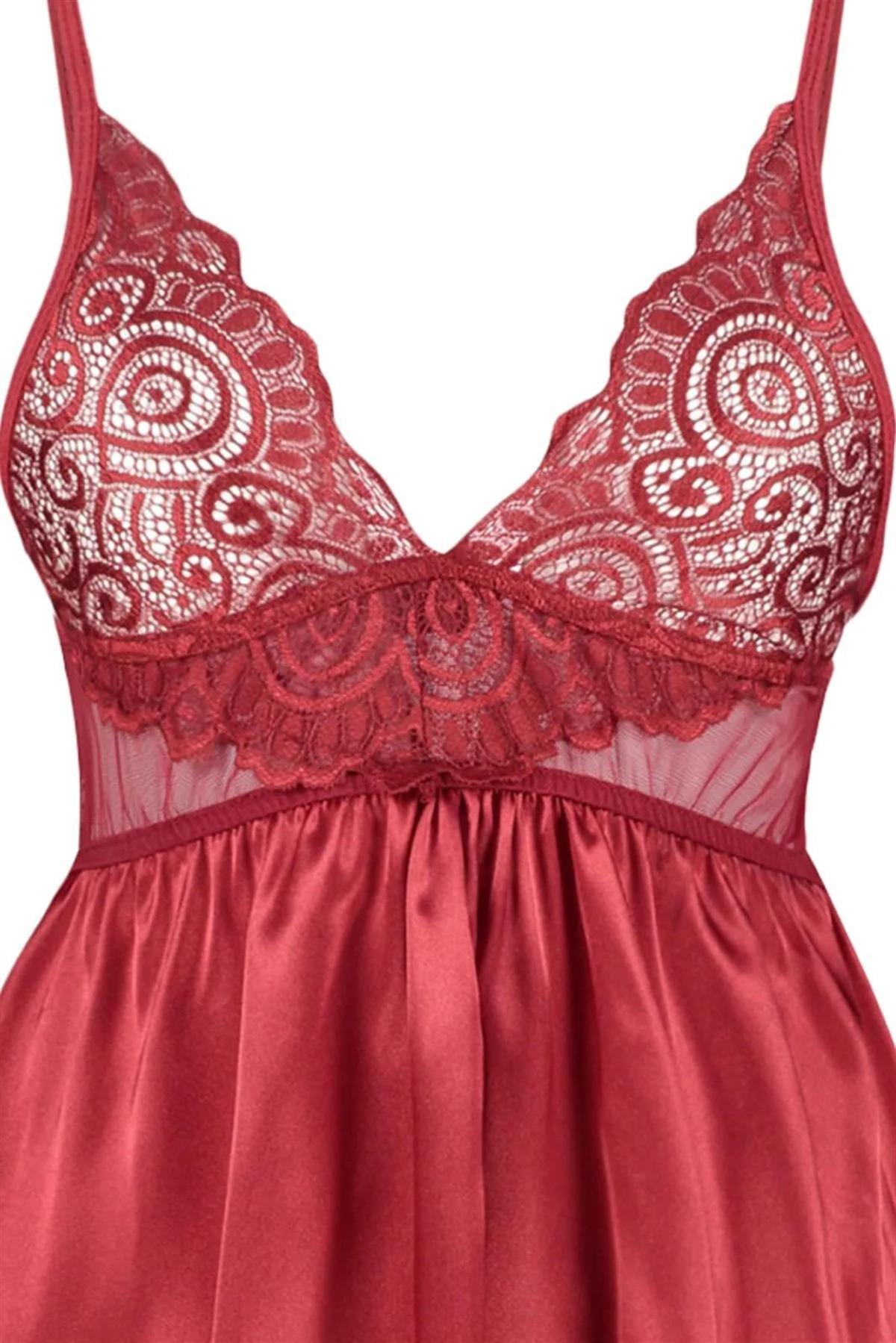 Bordo Saten Dantelli Gecelik