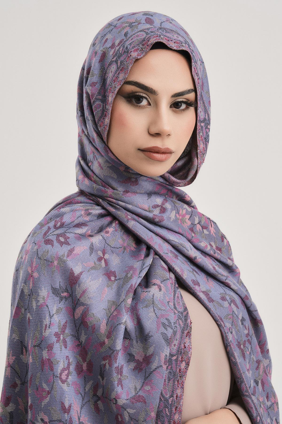 FLORAL KAŞMİR DOKUMA ŞAL-İNDİGO