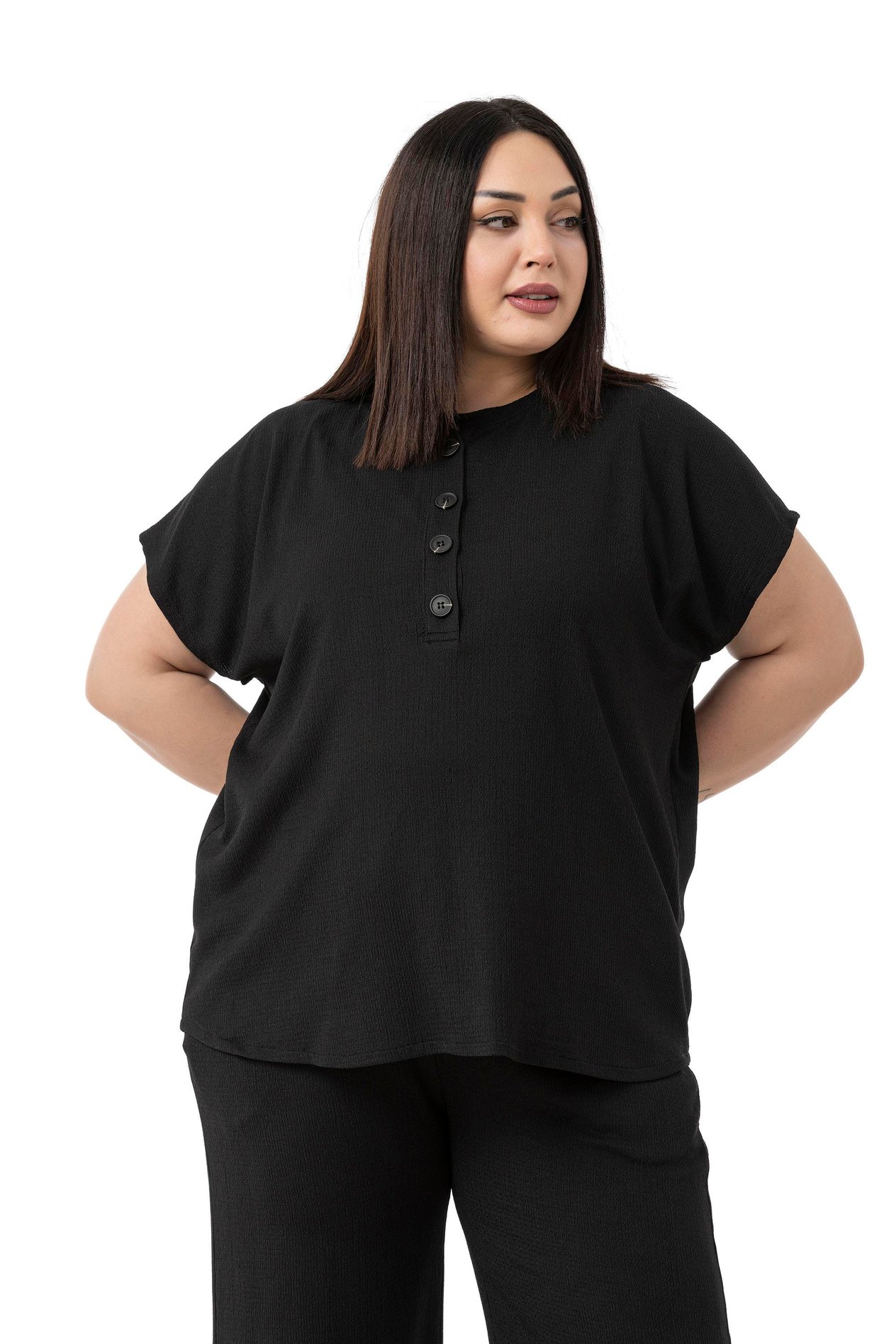 Bluz | Pantolon TakımlarDisentis Modest Büyük Beden Düşük Kollu Bluz Pantolon Siyah İkili TakımDISENTIS MODESTBüyük Beden Düşük Kollu Bluz Pantolon Siyah İkili Takım