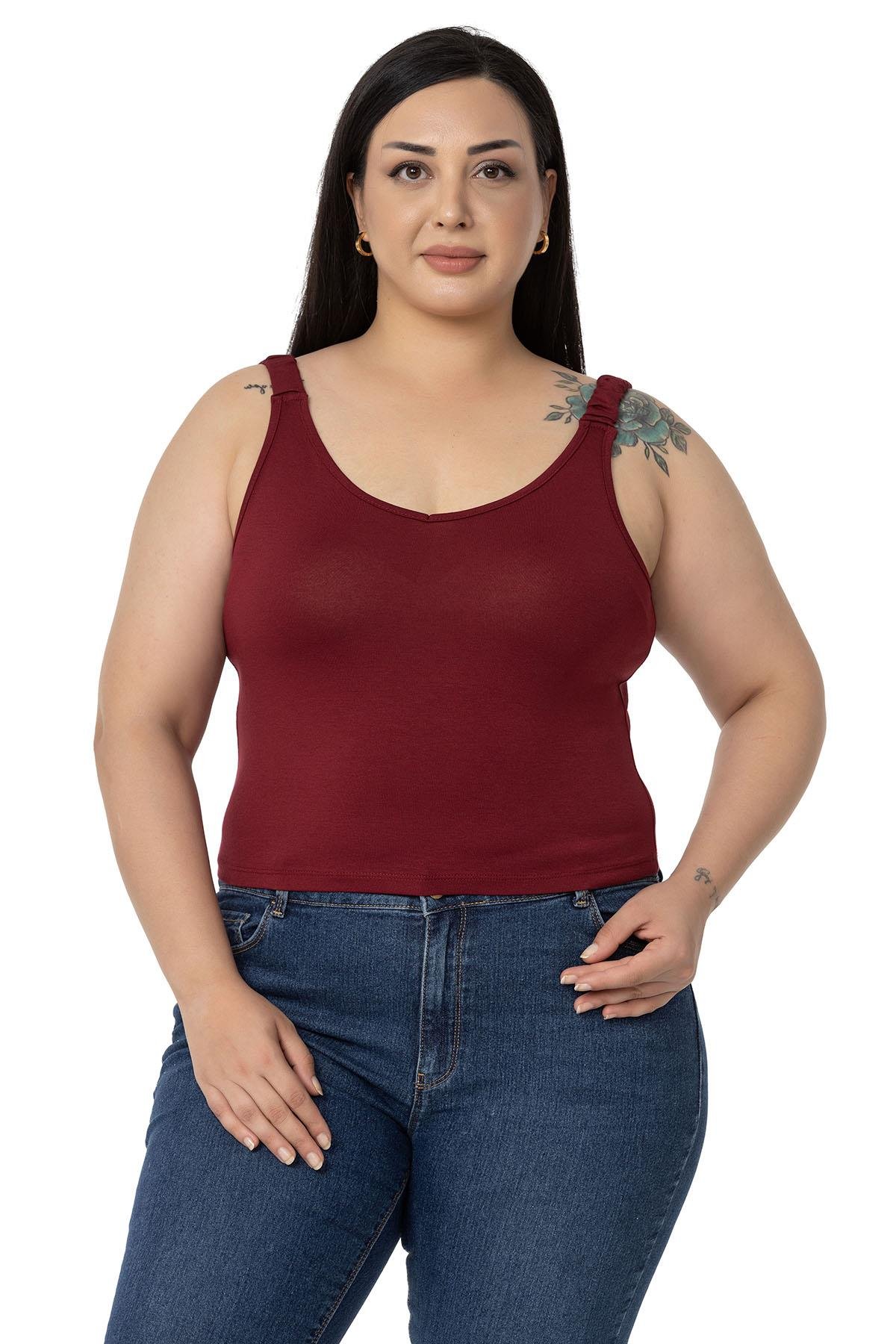 Büyük Beden Askıları Büzgülü Drapeli Crop Bordo Body