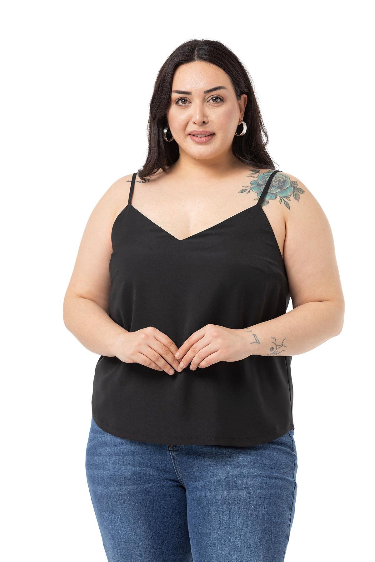 Plus Size Adjustable Thin Strap V Neck Black Blouse
