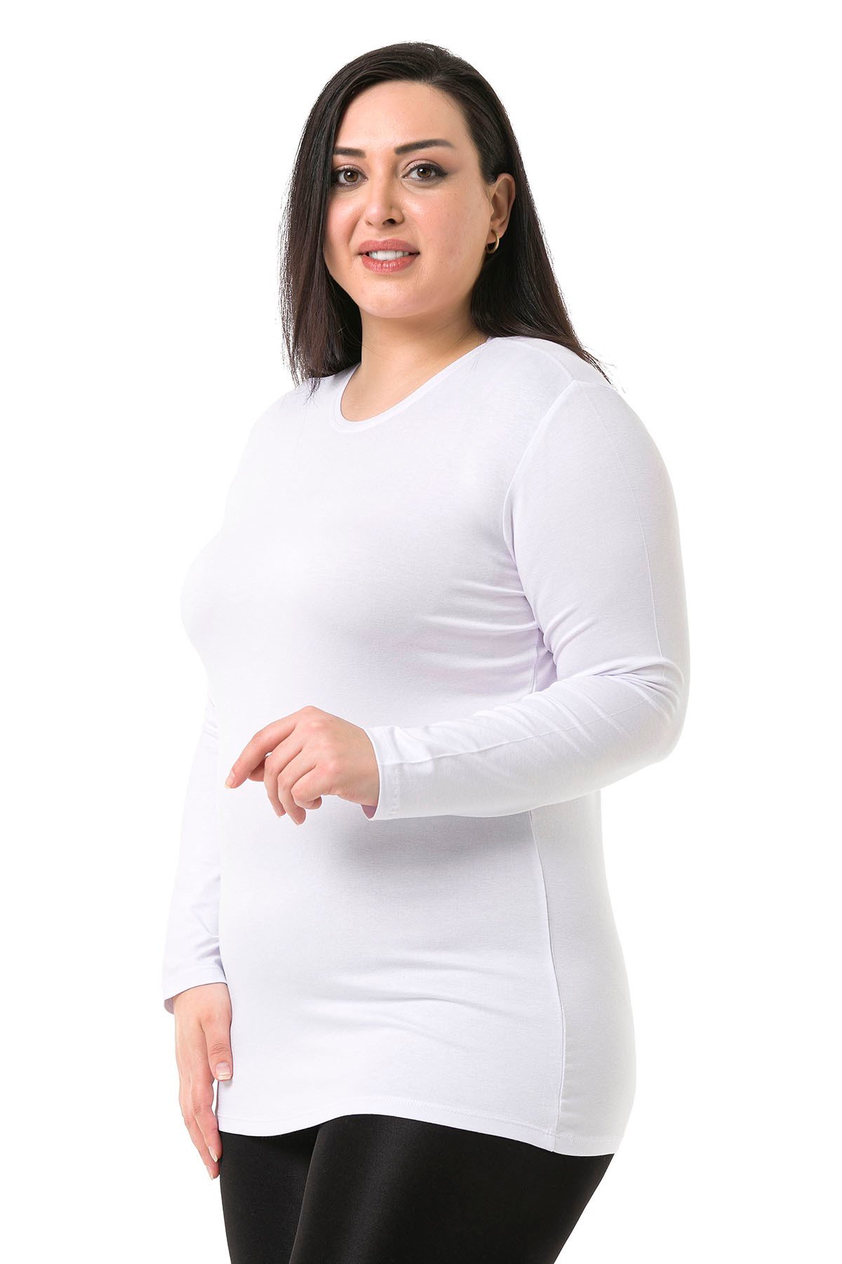 Büyük Beden Bisiklet Yaka Uzun Kollu Viskon Beyaz Body