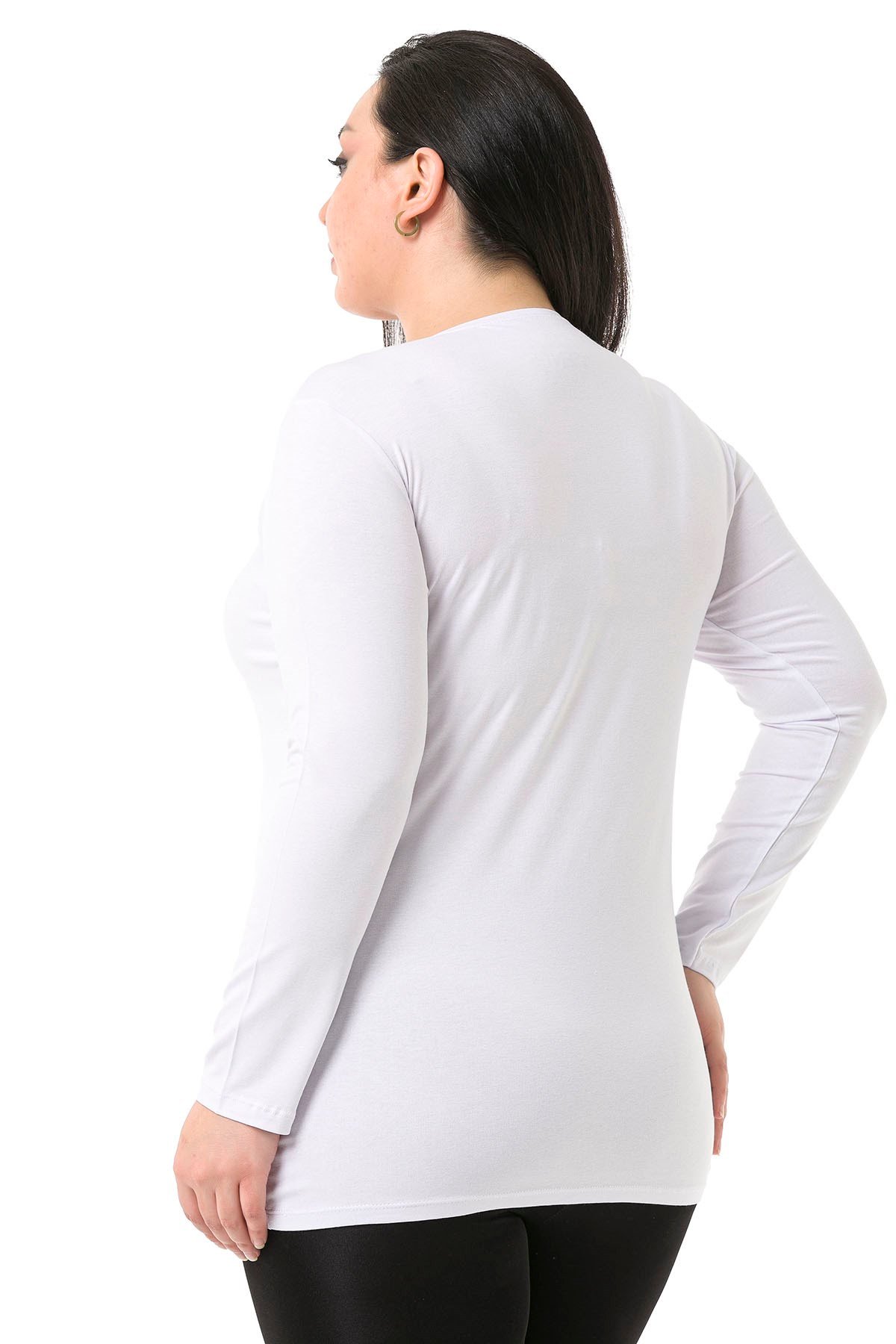 Büyük Beden Bisiklet Yaka Uzun Kollu Viskon Beyaz Body