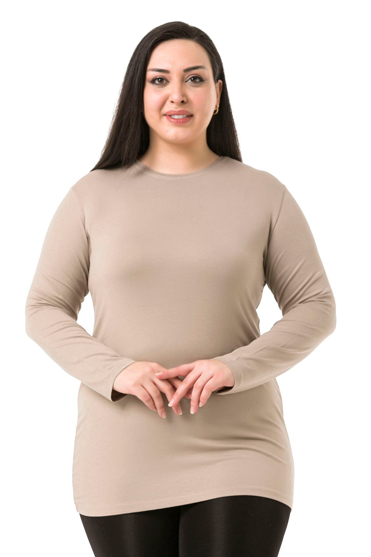 Büyük Beden Bisiklet Yaka Uzun Kollu Viskon Kum Rengi Body