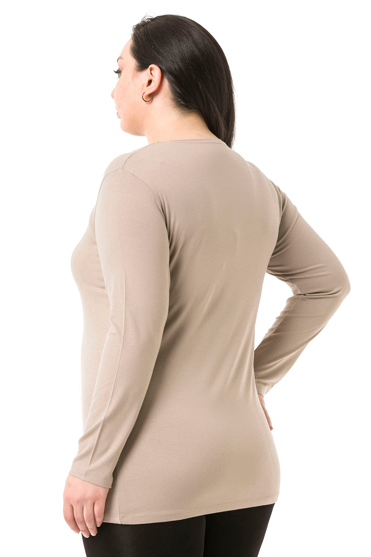 Büyük Beden Bisiklet Yaka Uzun Kollu Viskon Kum Rengi Body