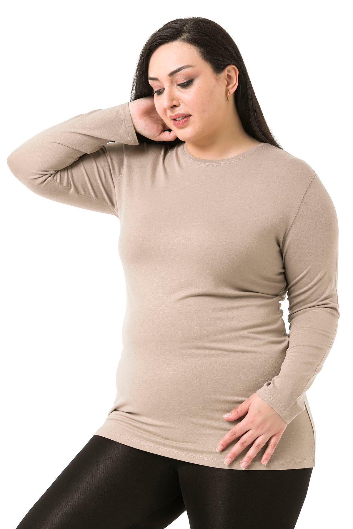 Büyük Beden Bisiklet Yaka Uzun Kollu Viskon Kum Rengi Body