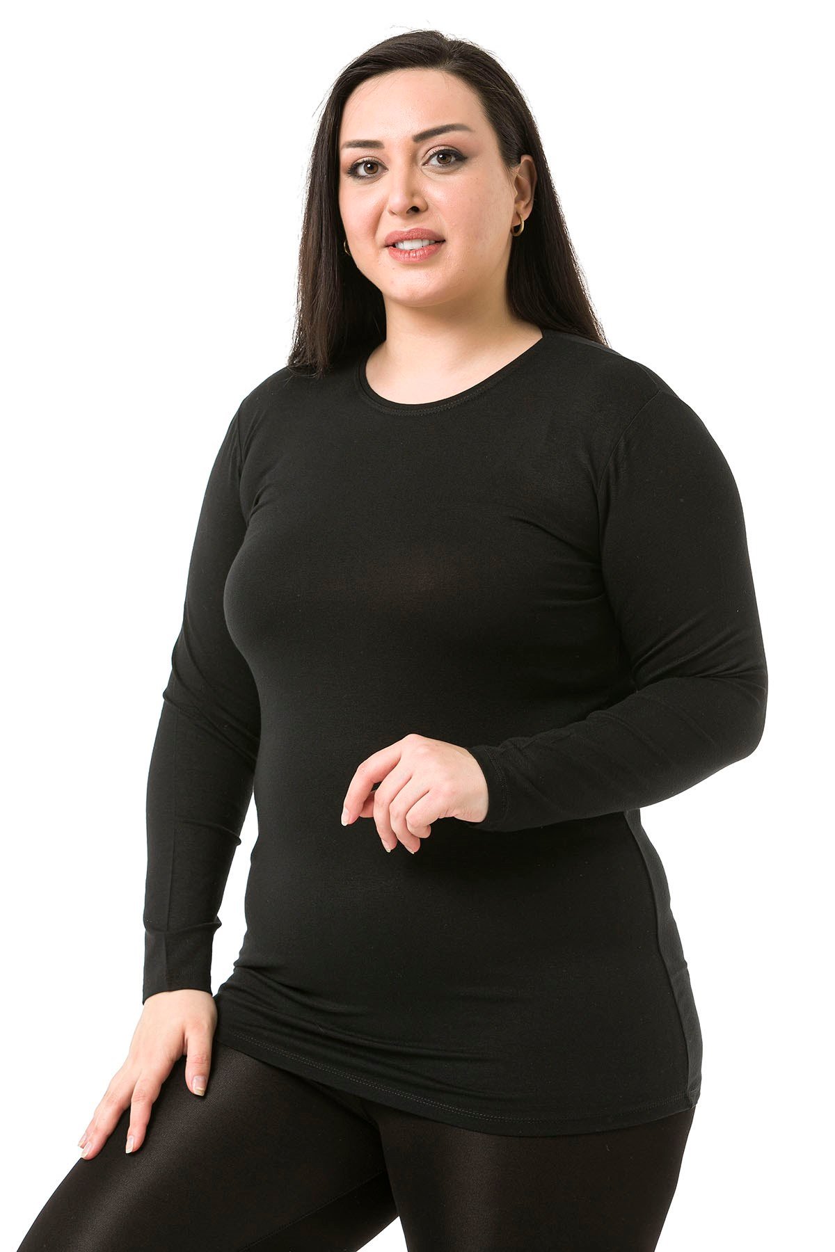 Büyük Beden Bisiklet Yaka Uzun Kollu Viskon Siyah Body