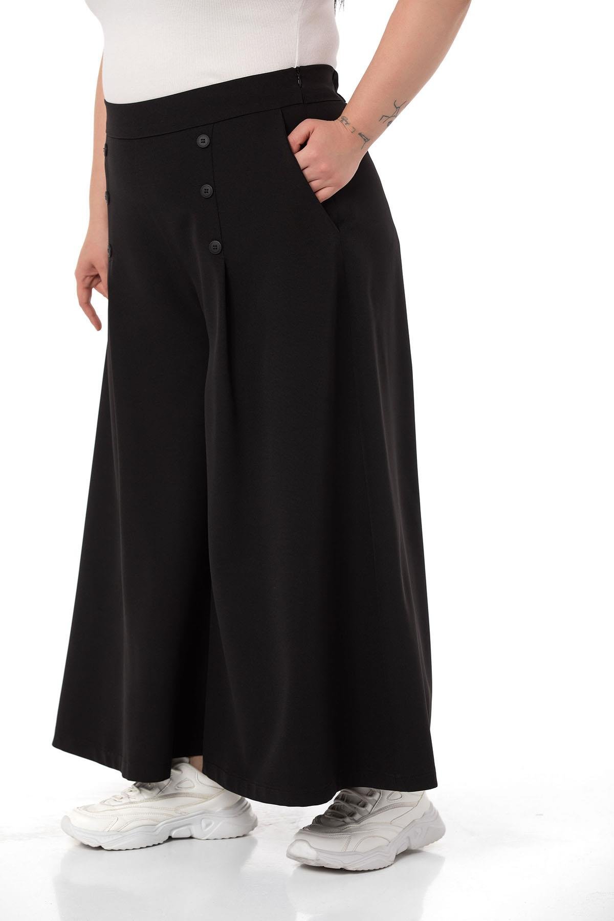DISENTIS MODEST GEN BUYUK BEDEN GENIS PACA PANTOLONDISENTIS MODESTBüyük Beden Düğme Detaylı Geniş Paça Fermuarlı Siyah Pantolon