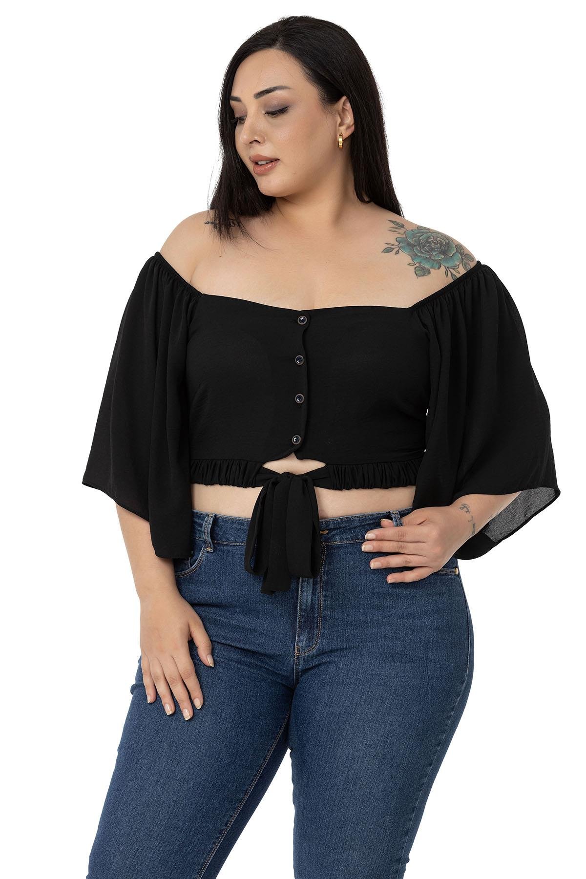 Büyük Beden Geniş Kollu Beli Lastik ve Büzgülü Crop Siyah Bluz