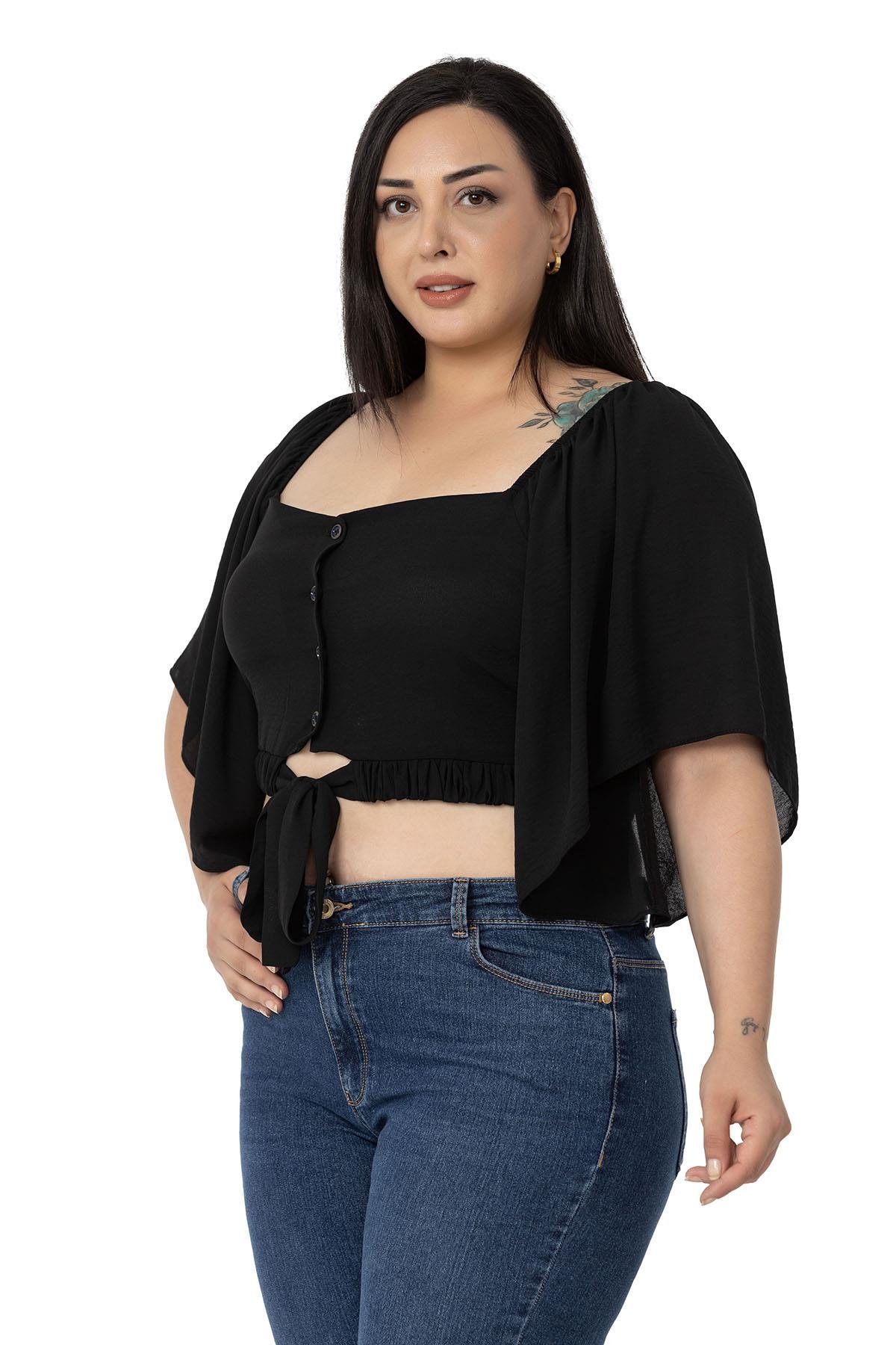 Büyük Beden Geniş Kollu Beli Lastik ve Büzgülü Crop Siyah Bluz