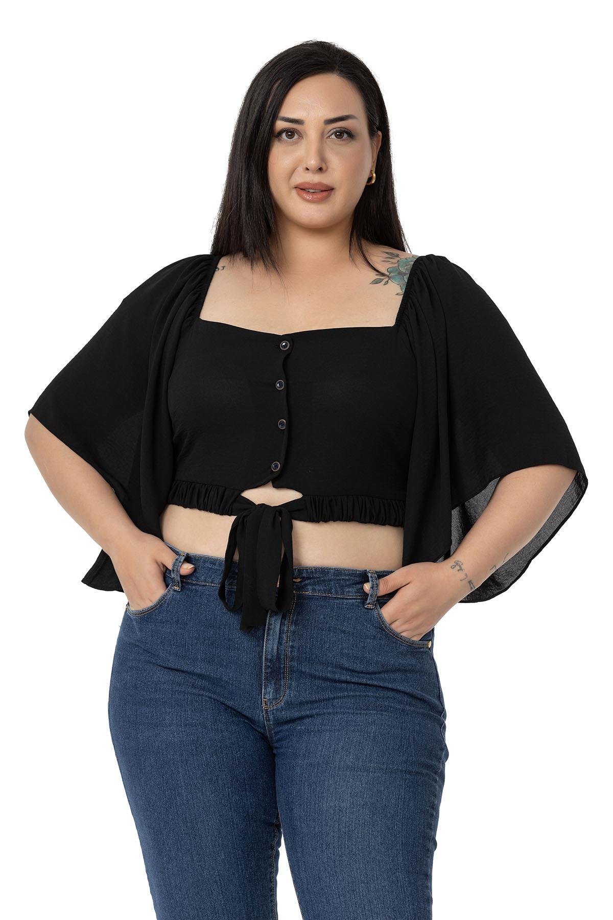 Büyük Beden Geniş Kollu Beli Lastik ve Büzgülü Crop Siyah Bluz