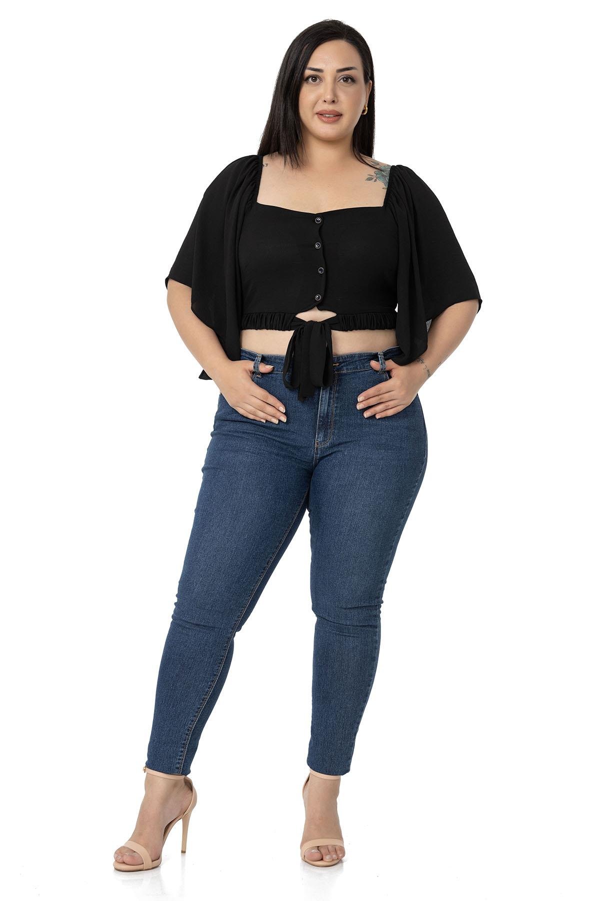 Büyük Beden Geniş Kollu Beli Lastik ve Büzgülü Crop Siyah Bluz