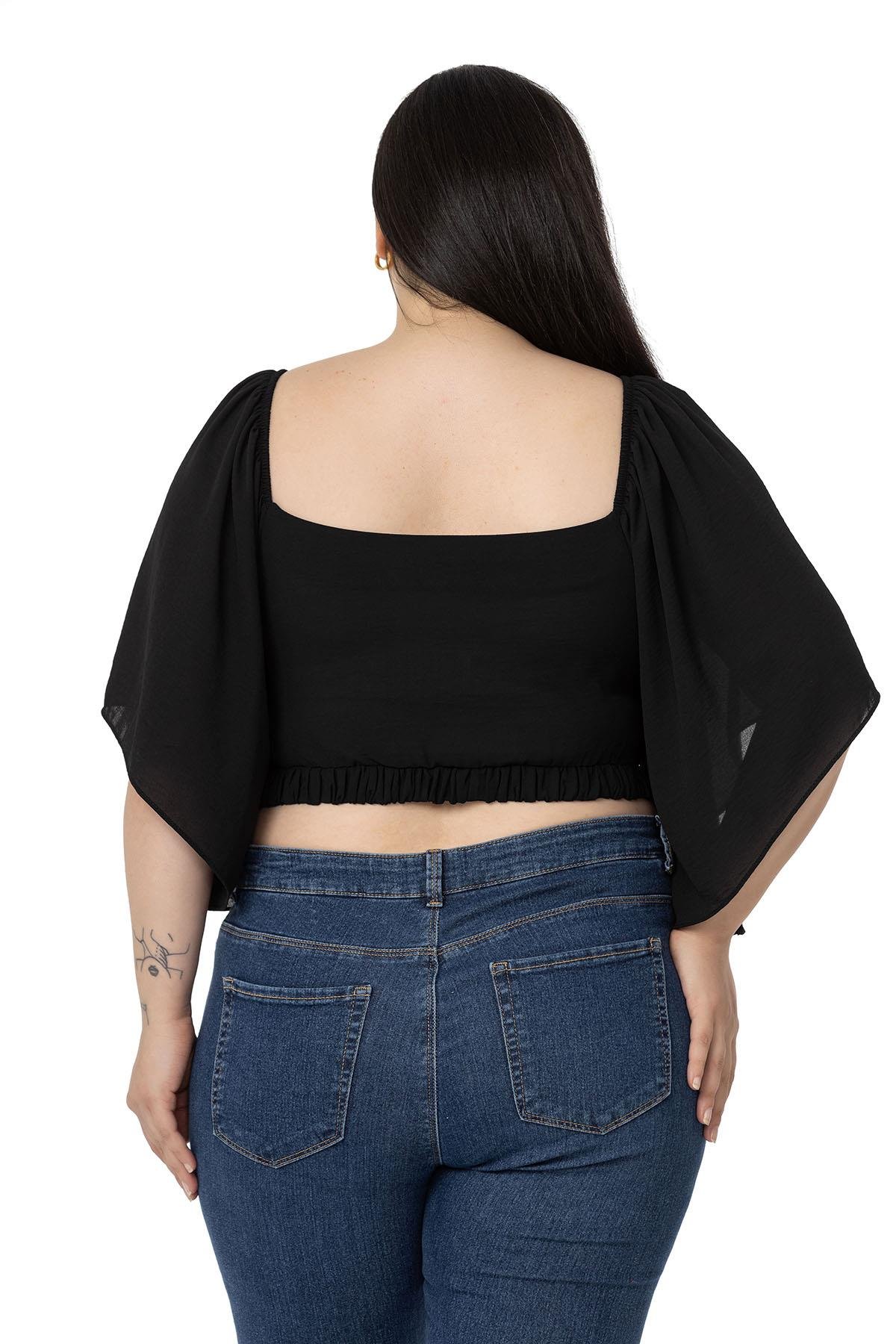 Büyük Beden Geniş Kollu Beli Lastik ve Büzgülü Crop Siyah Bluz
