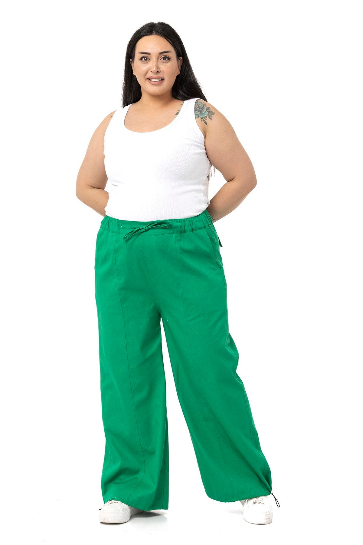 DISENTIS MODEST GENC BUYUK BEDEN GABARDIN PANTOLONDISENTIS MODESTBüyük Beden Geniş Paça Bağlama Detaylı Gabardin Yeşil Pantolon