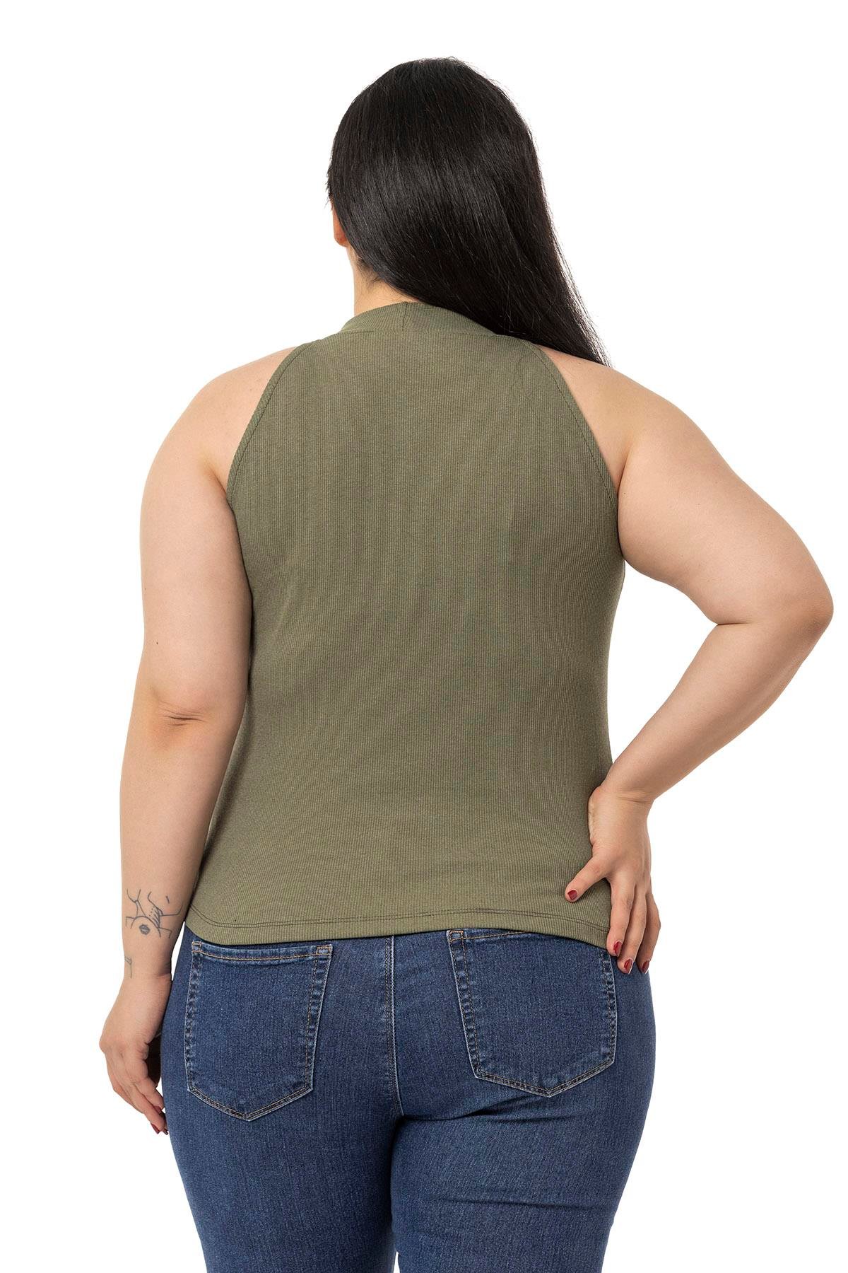 DISENTIS MODEST GENC BUYUK BEDEN KAŞKORSE YARIM BALIKCI HALTER YAKA BODYDISENTIS MODESTBüyük Beden Halter Yaka Yarım Balıkçı Fitilli Kaşkorse Haki Body