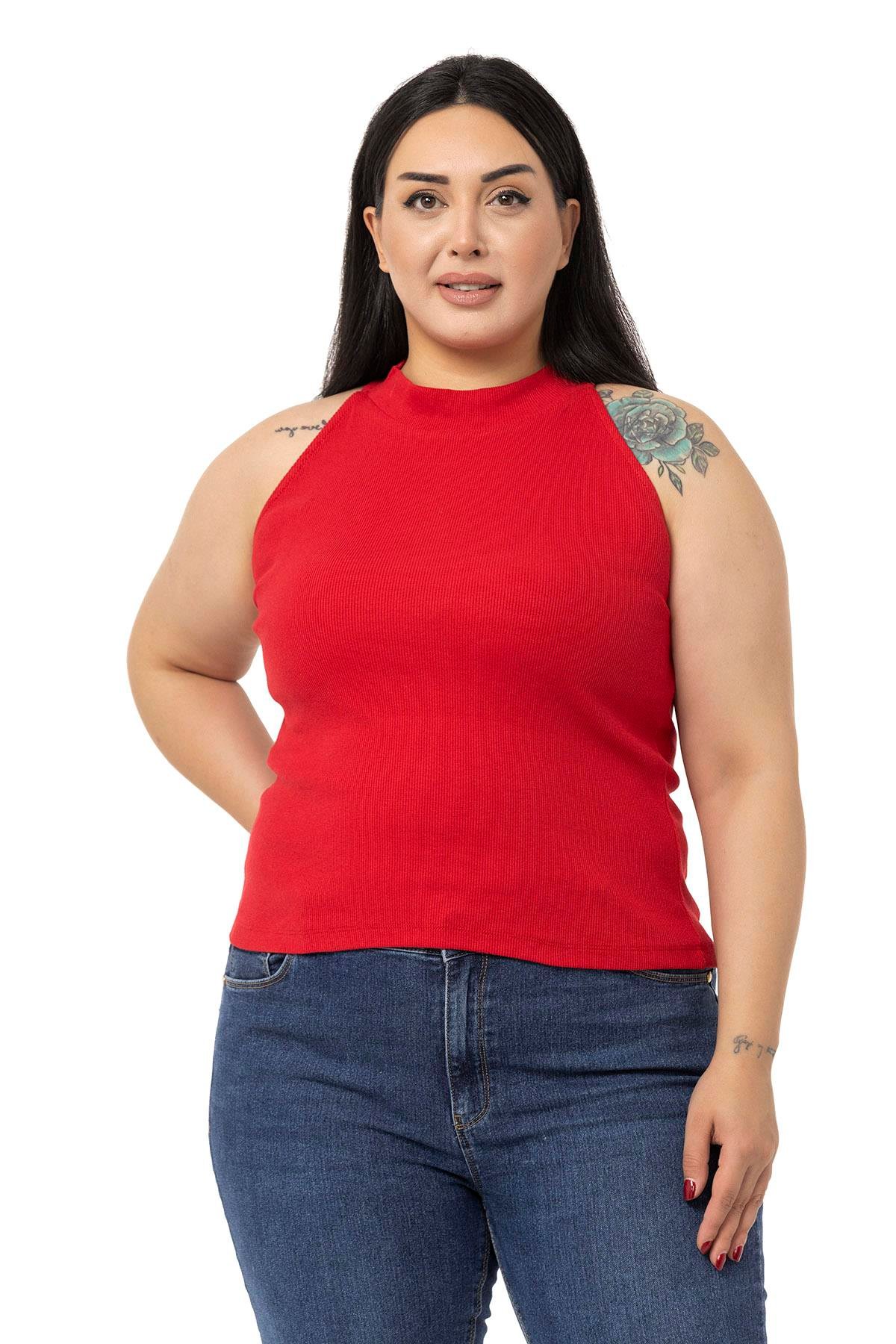 DISENTIS MODEST GENC BUYUK BEDEN KAŞKORSE YARIM BALIKCI HALTER YAKA BODYDISENTIS MODESTBüyük Beden Halter Yaka Yarım Balıkçı Fitilli Kaşkorse Kırmızı Body