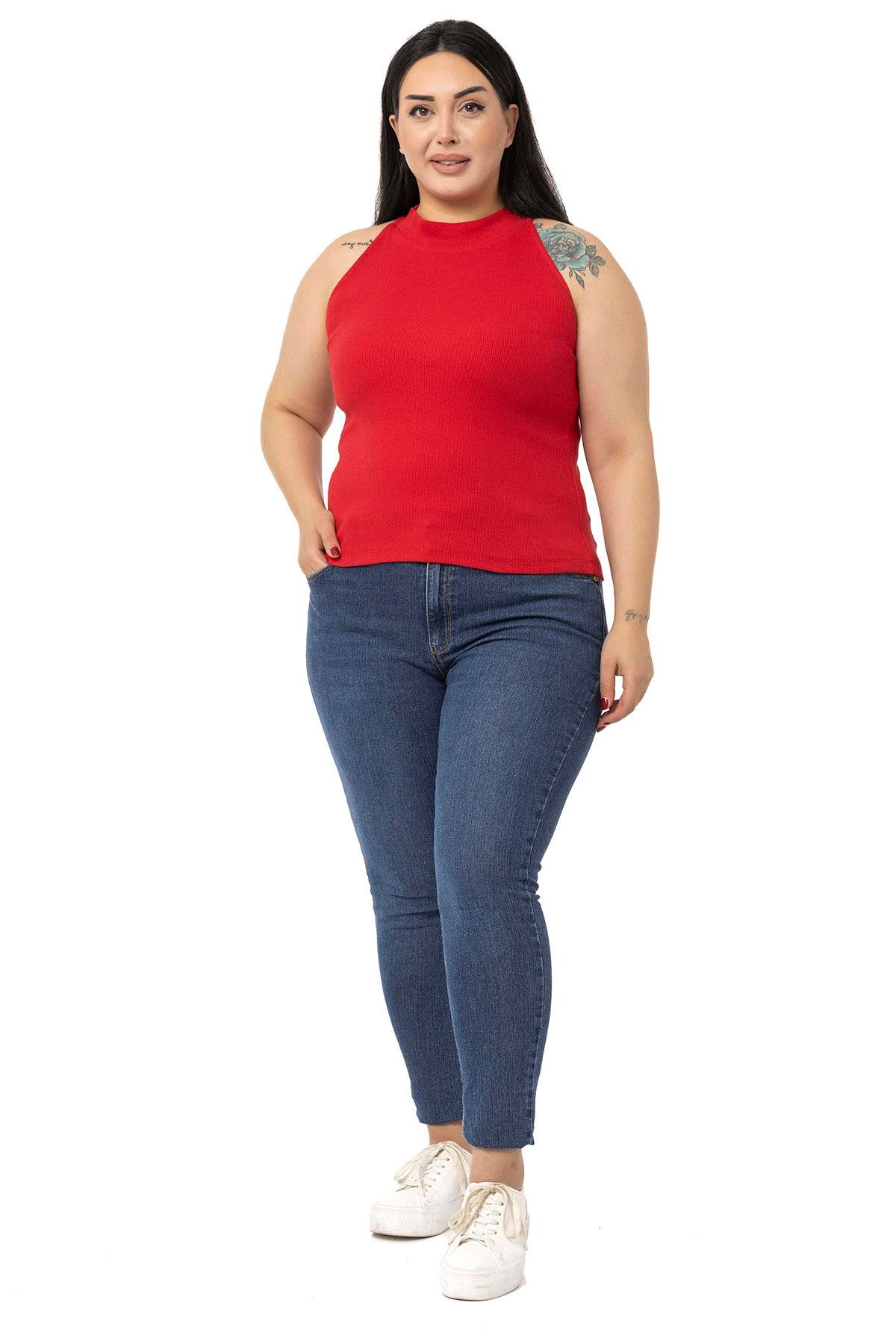DISENTIS MODEST GENC BUYUK BEDEN KAŞKORSE YARIM BALIKCI HALTER YAKA BODYDISENTIS MODESTBüyük Beden Halter Yaka Yarım Balıkçı Fitilli Kaşkorse Kırmızı Body