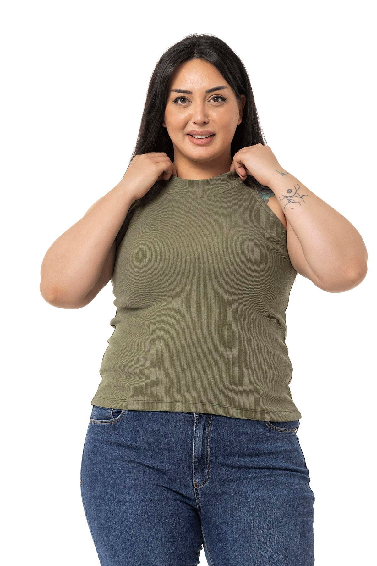 DISENTIS MODEST GENC BUYUK BEDEN KAŞKORSE YARIM BALIKCI HALTER YAKA BODYDISENTIS MODESTBüyük Beden Halter Yaka Yarım Balıkçı Fitilli Kaşkorse Haki Body