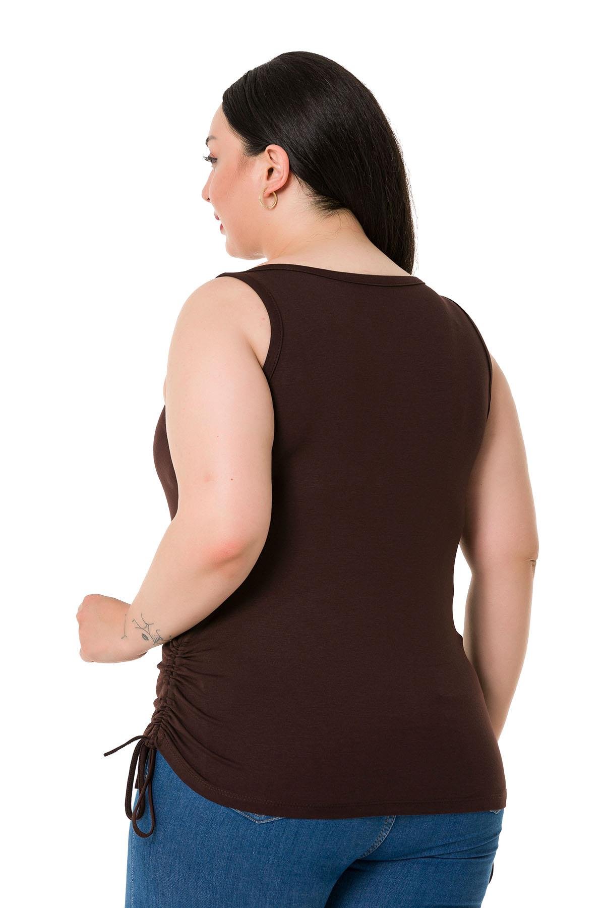 Büyük Beden Kalın Askılı Yanları Tünelli Viskon Kahverengi Body