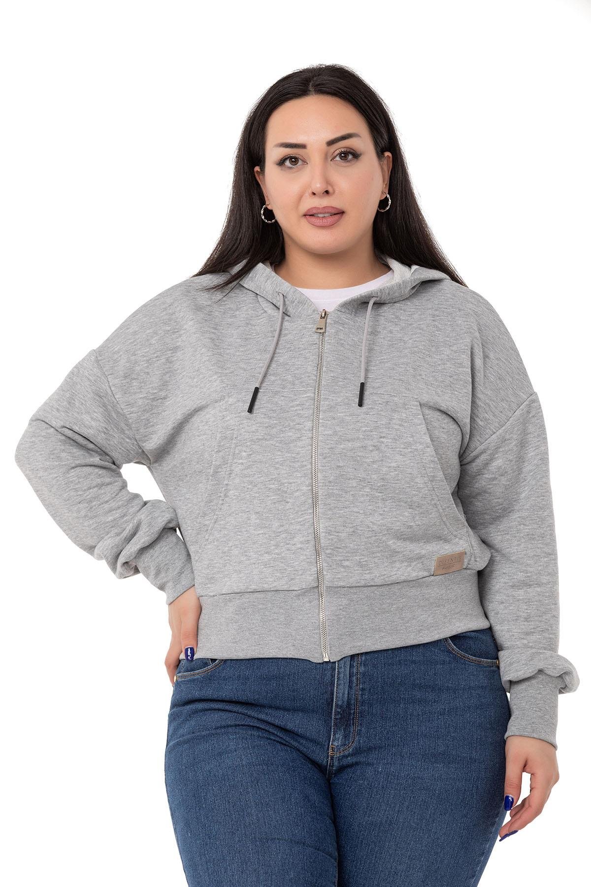 Büyük Beden Kanguru Cepli Kapüşonlu Üç İplik Gri Melanj Sweatshirt