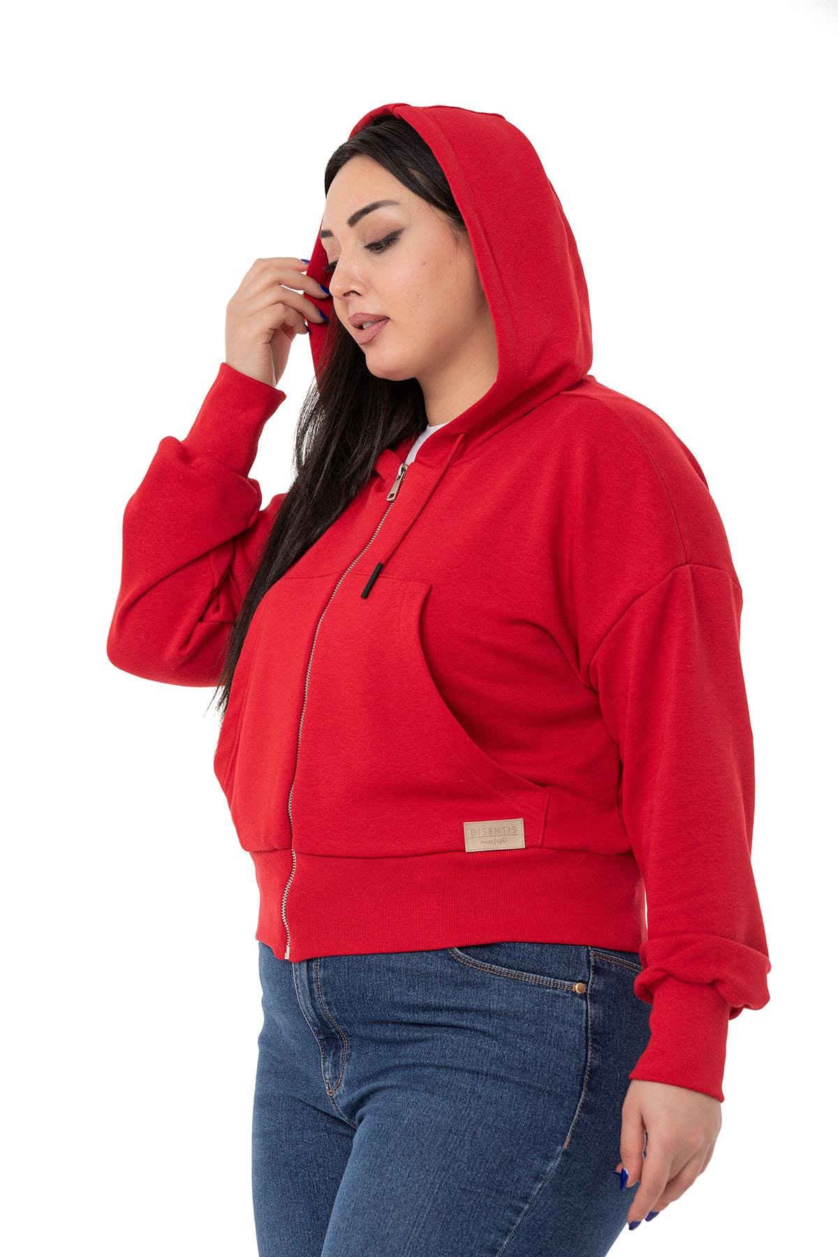 DISENTIS MODEST UC IPLIK KAPUSONLU SWEATSHIRT GENC BUYUK BEDENDISENTIS MODESTBüyük Beden Kanguru Cepli Kapüşonlu Üç İplik Kırmızı Sweatshirt