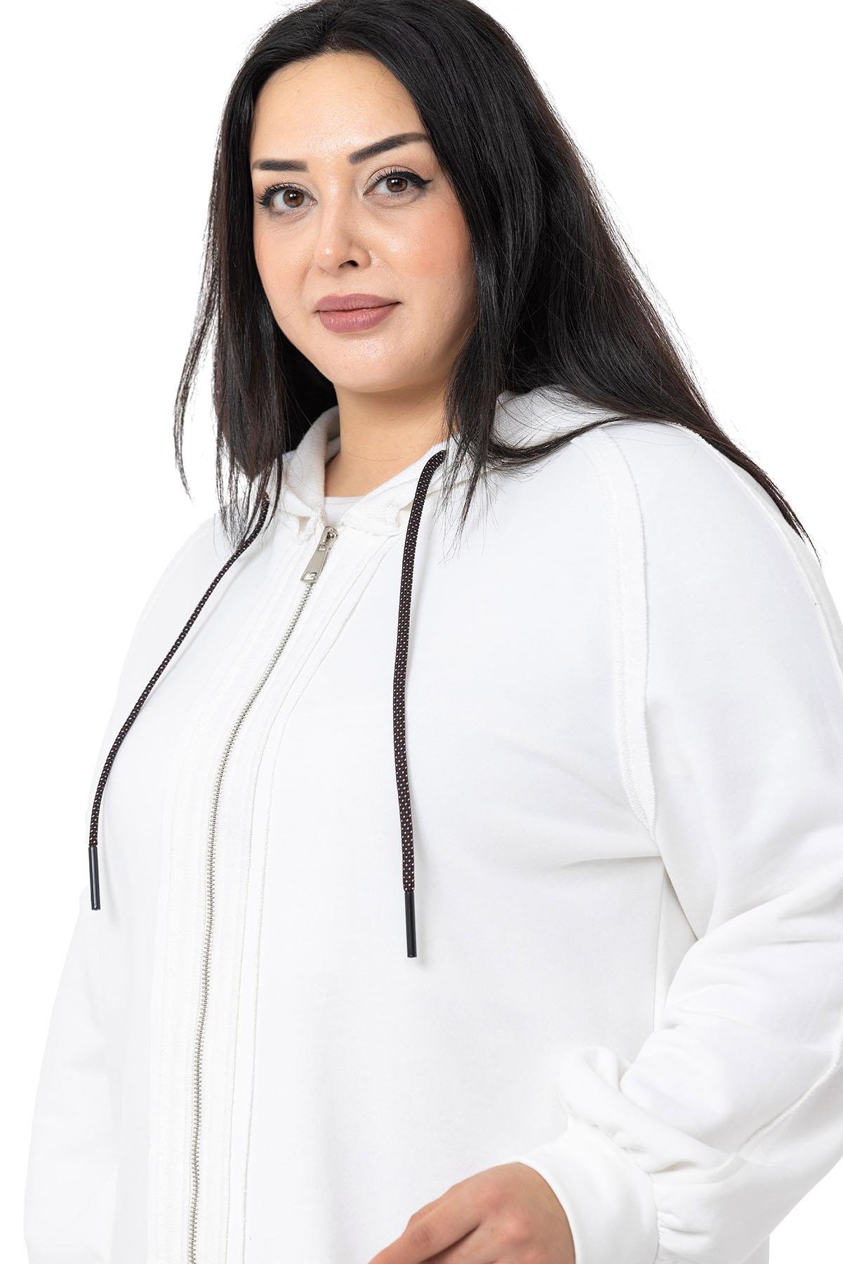 DISENTIS, BIG SIZE, HIRKA, KAPÜŞONLU SWET, KAPÜŞONLU HIRKA, ÜÇ İPLİK, BÜYÜK BEDENDISENTIS MODESTBüyük Beden Kapüşonlu Fermuarlı Üç İplik Beyaz Sweatshirt