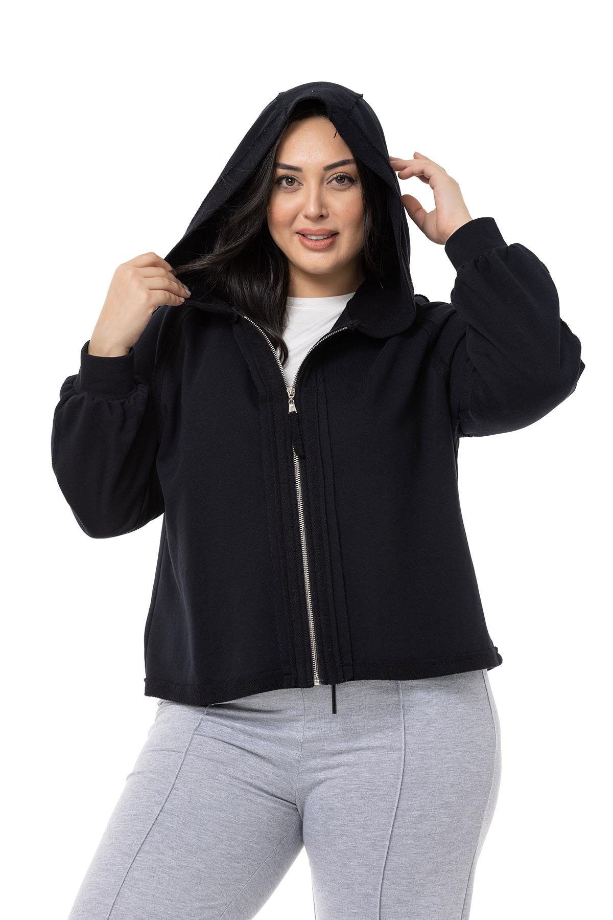 DISENTIS, BIG SIZE, HIRKA, KAPÜŞONLU SWET, KAPÜŞONLU HIRKA, ÜÇ İPLİK, BÜYÜK BEDENDISENTIS MODESTBüyük Beden Kapüşonlu Fermuarlı Üç İplik Siyah Sweatshirt
