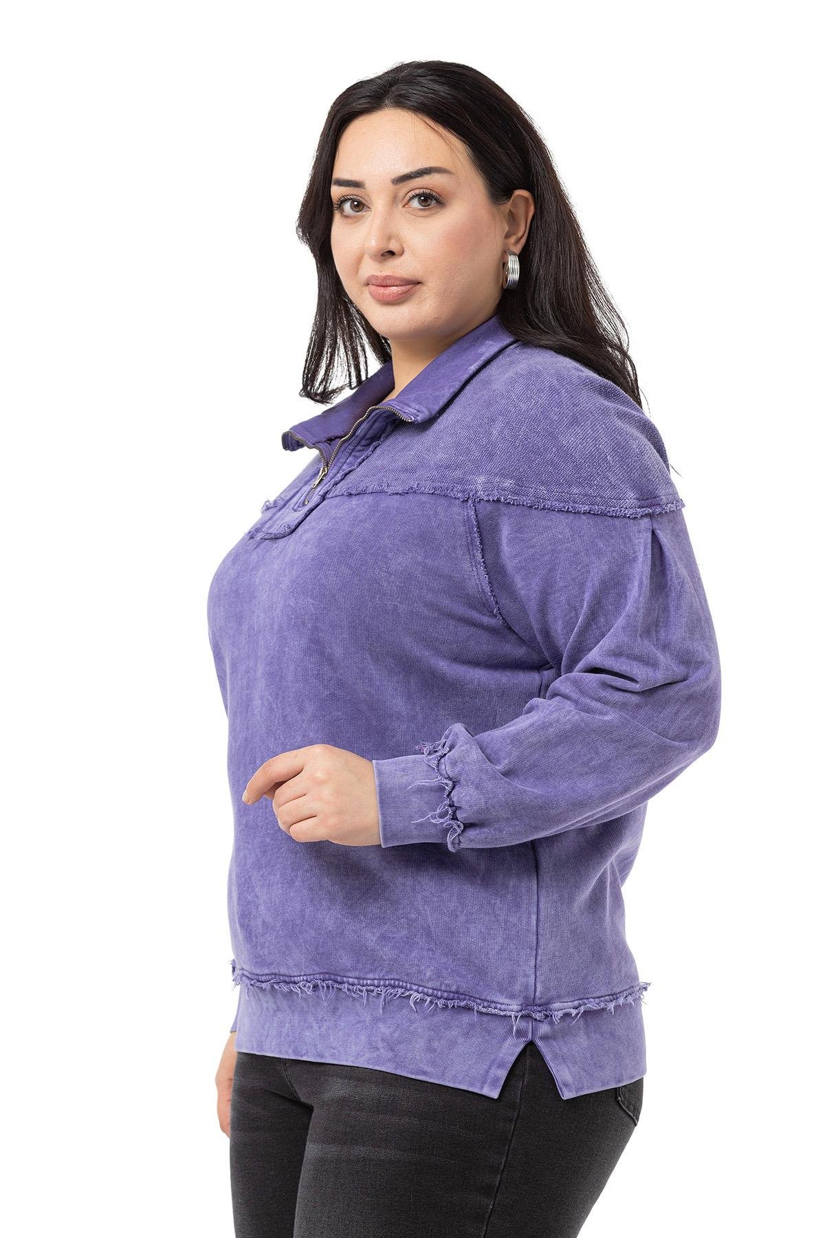 Disentis Modest Büyük Beden Pis Dikişli Fermuarlı Yırtmaçlı Parça Boyalı Mor SweatshirtDISENTIS MODESTBüyük Beden Pis Dikişli Fermuarlı Yırtmaçlı Parça Boyalı Mor Sweatshirt