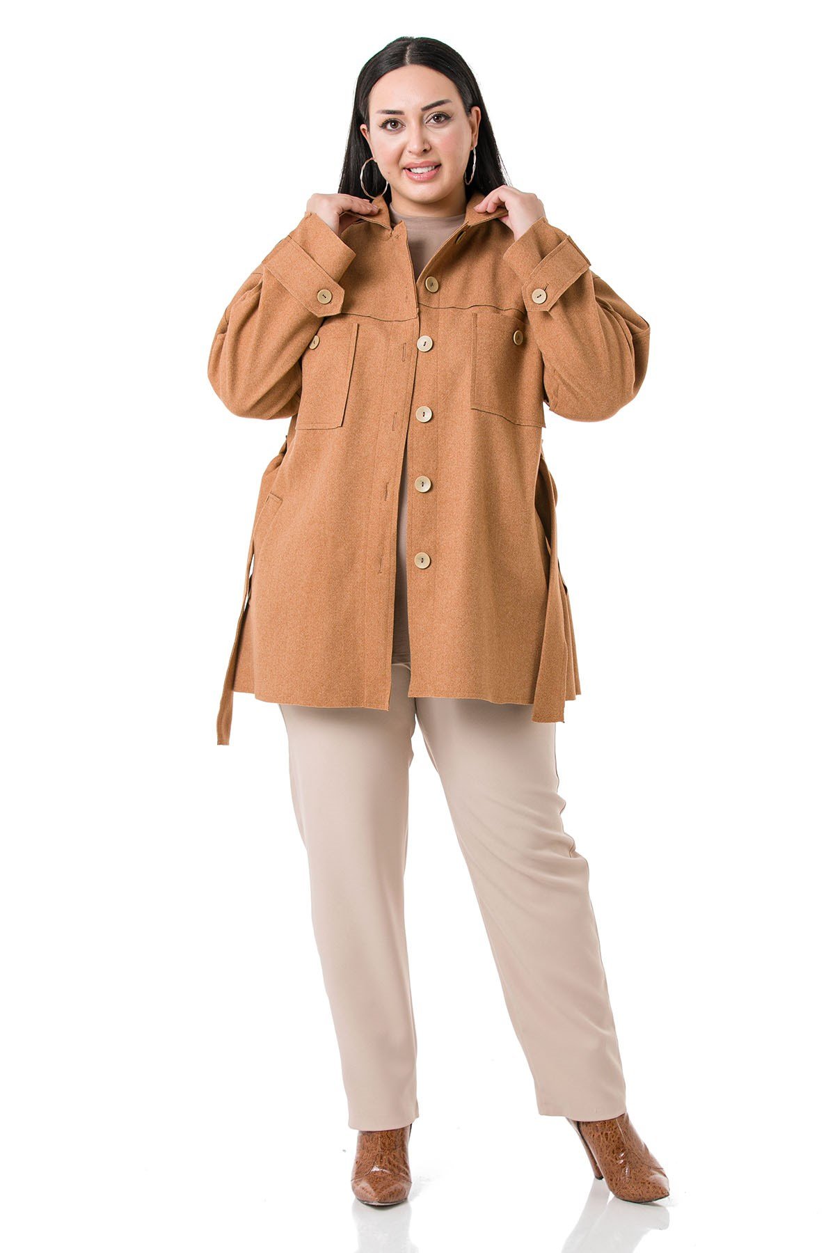 Plus Size Robe Side Slits Flotilla Pocket Belted Stash Camel Jacket