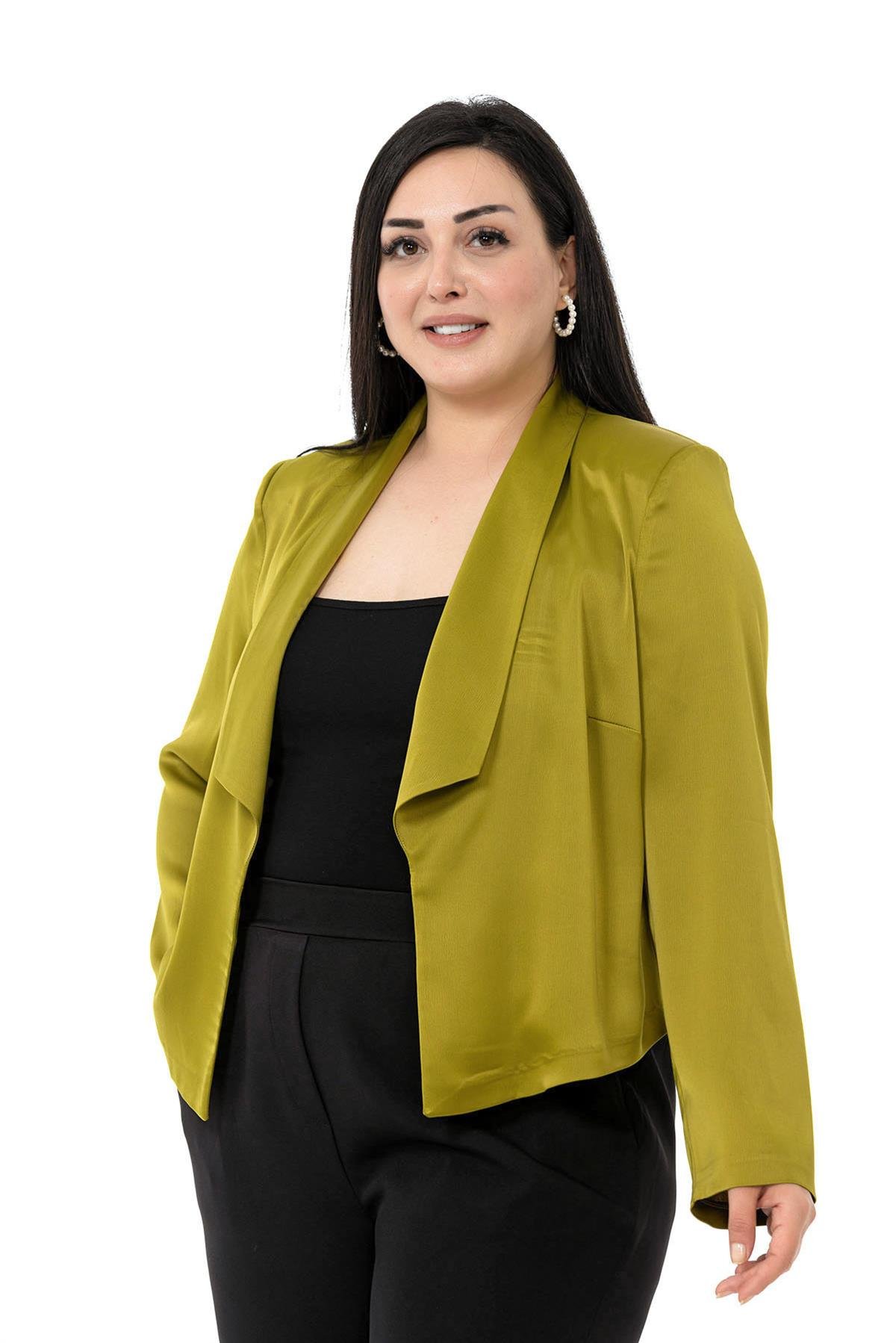 Büyük Beden Şal Yaka Astarsız Kısa Saten Fıstık Yeşili Ceket