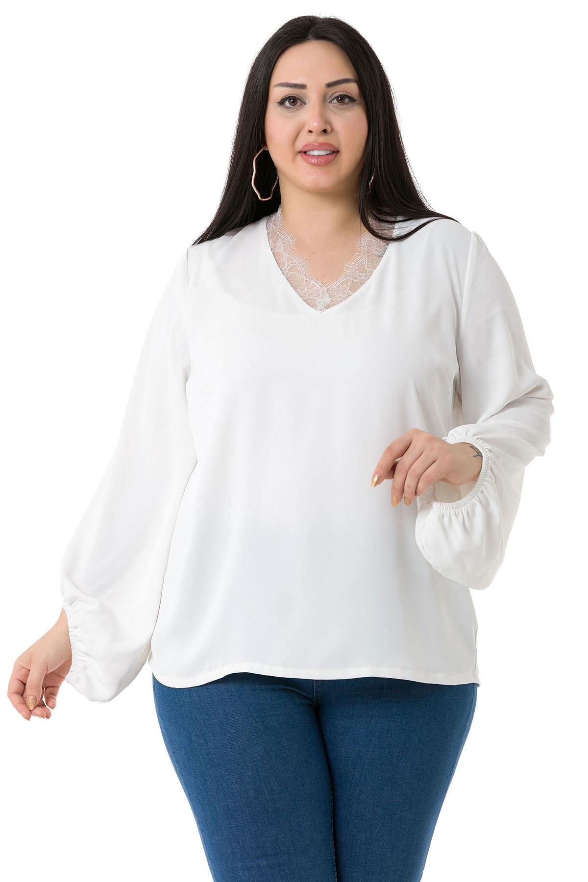 Plus Size Satin White Blouse with Side Slit and Scarf Collar
