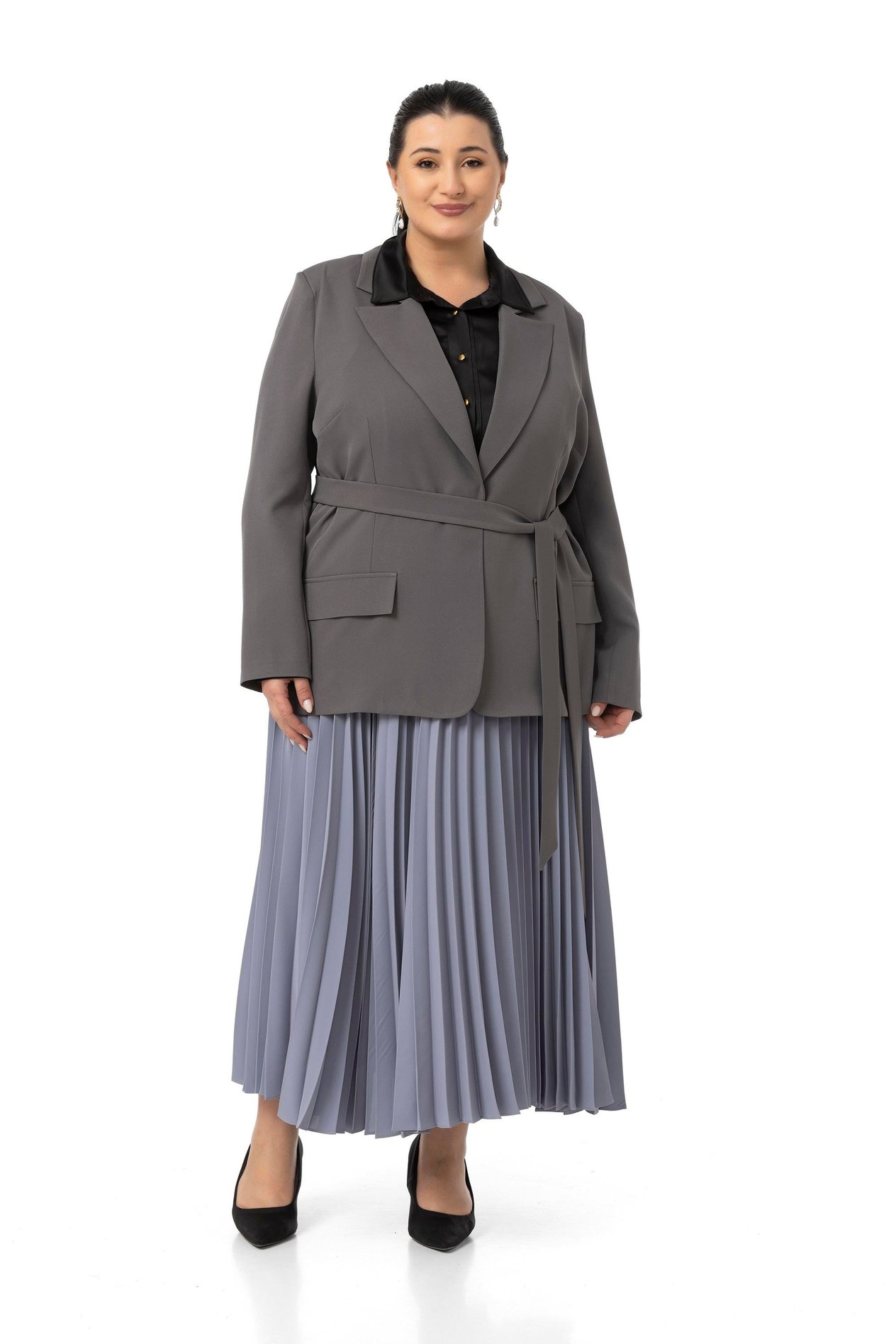 Jacket&Skirt SuitDisentis Modest Büyük Beden Pileli Etek Ceket Gri İkili TakımDISENTIS MODESTBüyük Beden Pileli Etek Ceket Gri İkili Takım