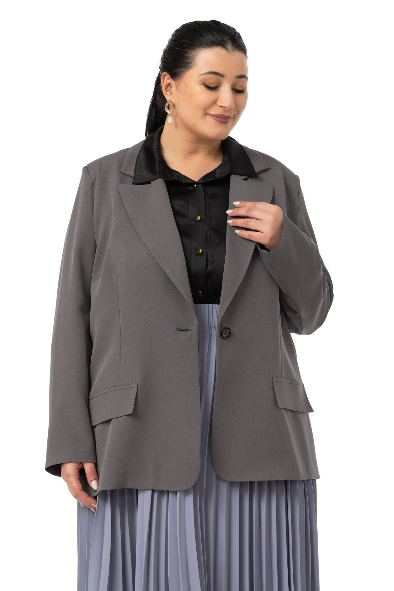 Jacket&Skirt SuitDisentis Modest Büyük Beden Pileli Etek Ceket Gri İkili TakımDISENTIS MODESTBüyük Beden Pileli Etek Ceket Gri İkili Takım