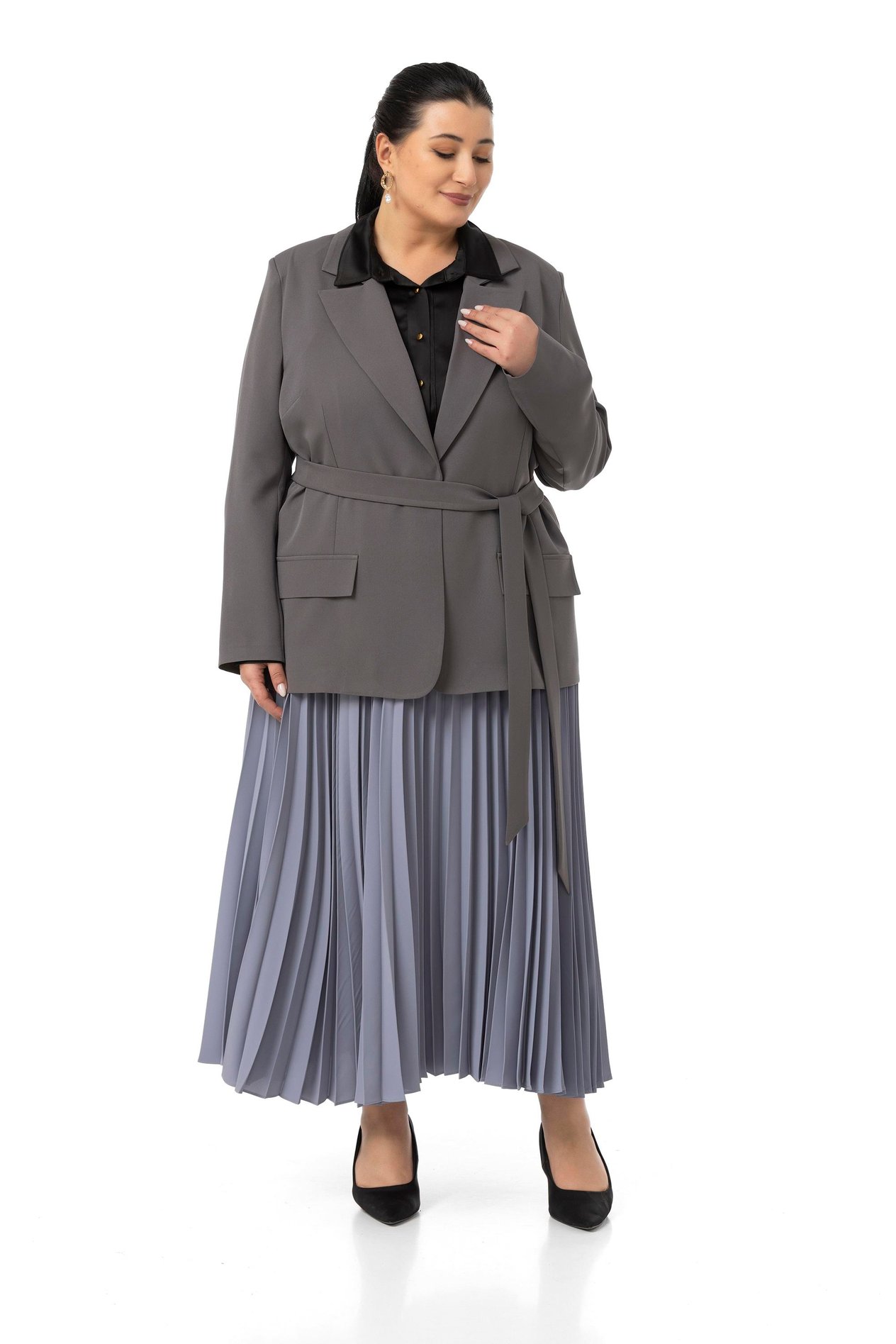 Jacket&Skirt SuitDisentis Modest Büyük Beden Pileli Etek Ceket Gri İkili TakımDISENTIS MODESTBüyük Beden Pileli Etek Ceket Gri İkili Takım