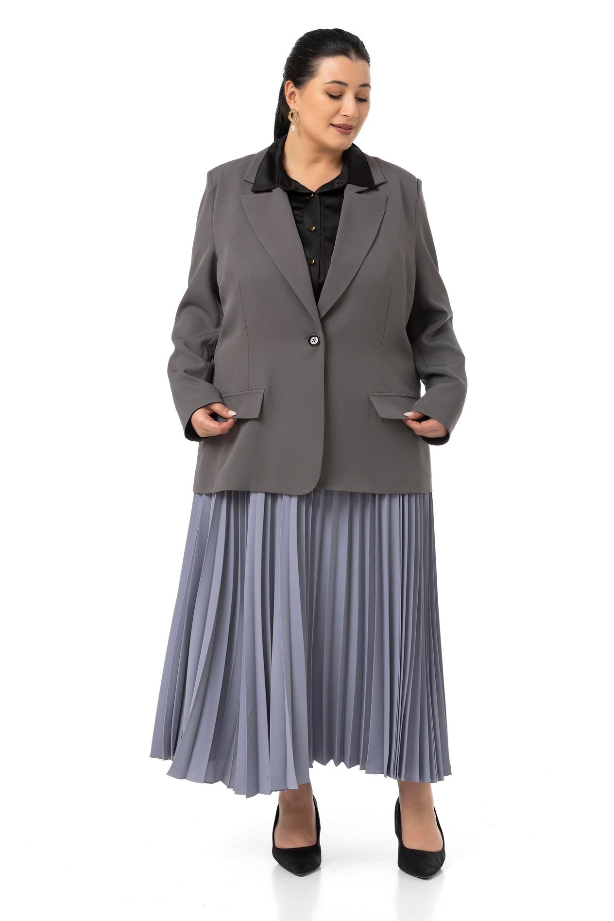 Jacket&Skirt SuitDisentis Modest Büyük Beden Pileli Etek Ceket Gri İkili TakımDISENTIS MODESTBüyük Beden Pileli Etek Ceket Gri İkili Takım