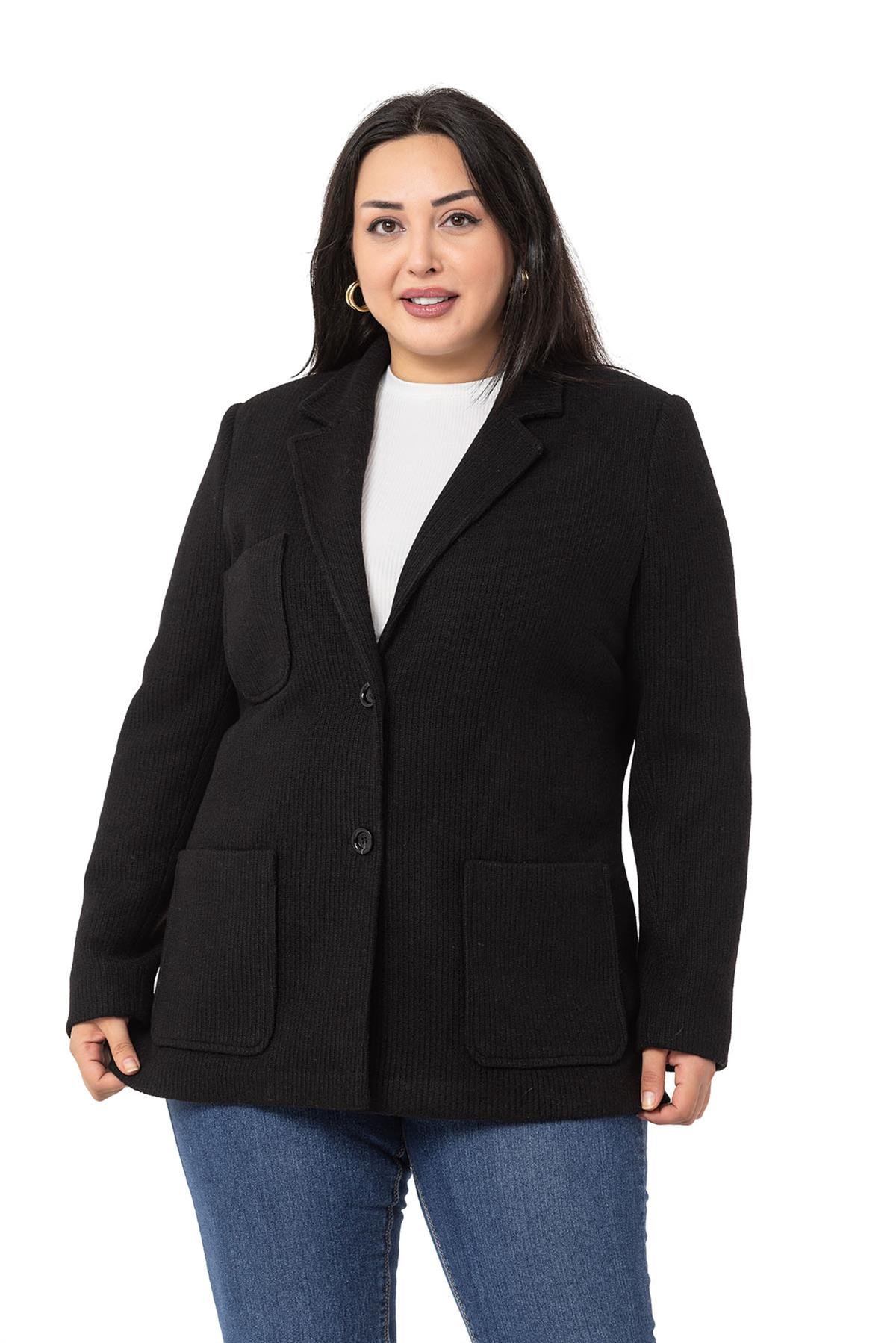 Büyük Beden Blazer Cepli Örme Astarlı Siyah Ceket