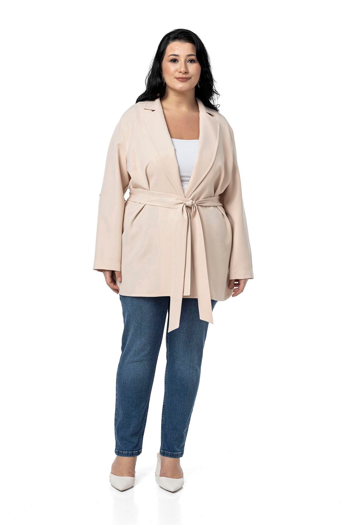 JacketsDisentis Modest Büyük Beden Katlamalı Kollu Kuşaklı Astarsız Uzun Açık Bej Rengi CeketDISENTIS MODESTBüyük Beden Katlamalı Kollu Kuşaklı Astarsız Uzun Açık Bej Rengi Ceket
