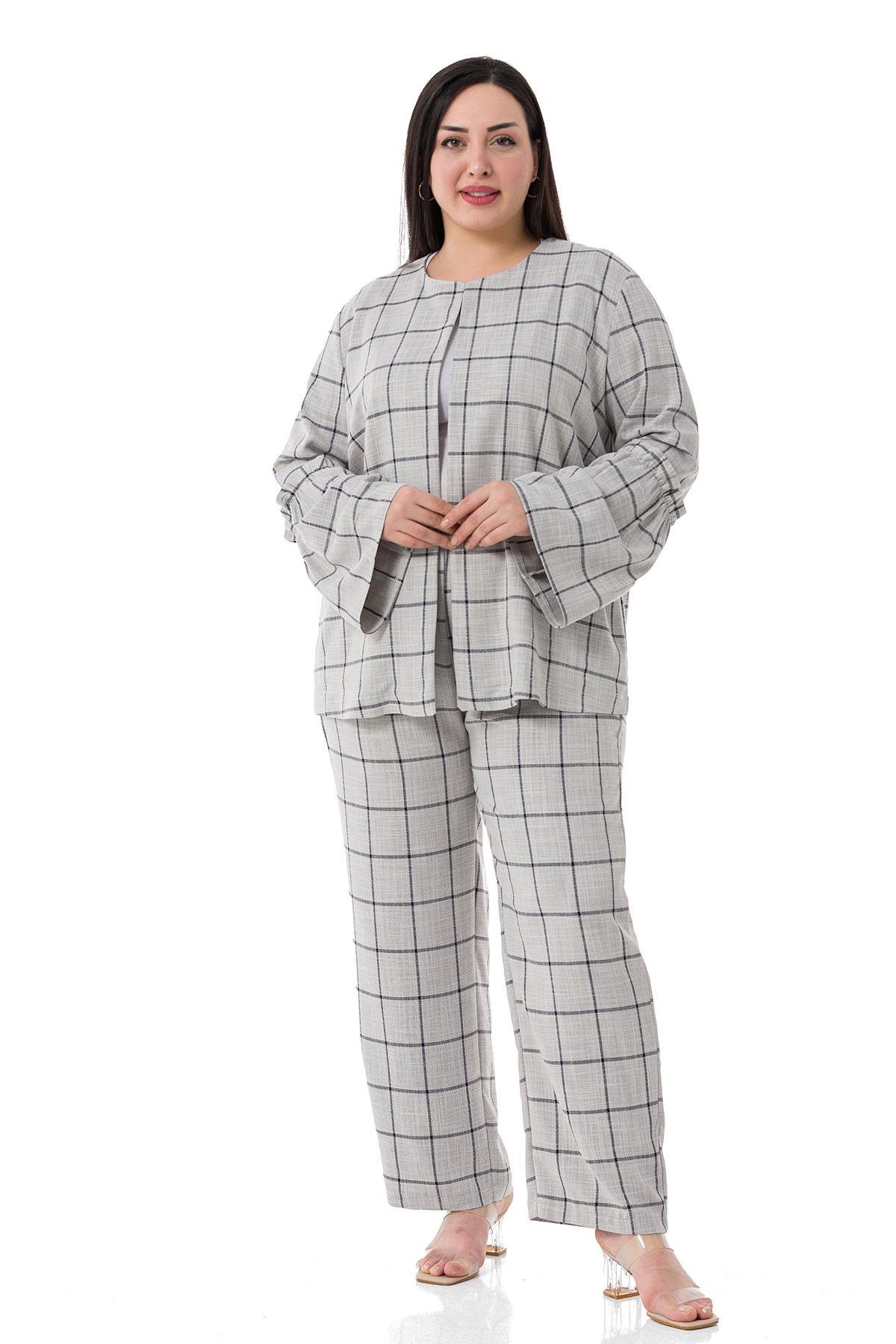 Ceket&PantolonDISENTIS MODEST GENC BUYUK BEDEN CEKET PANTOLON TAKIMDISENTIS MODESTBüyük Beden Ekoseli Ceket Pantolon Gri İkili Takım