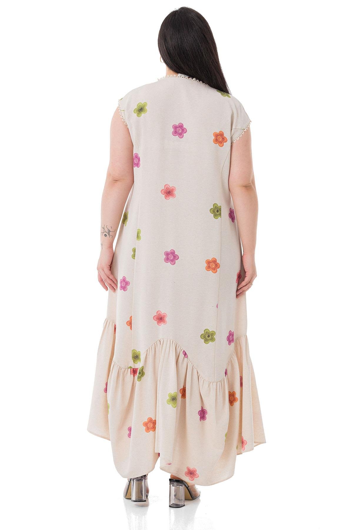 Daily DressesDisentis Modest Çiçek Desenli Pamuk Keten Kumaş Kolsuz Krem ElbiseDISENTIS MODESTBüyük Beden Çiçek Desenli Pamuk Keten Kumaş Kolsuz Krem Elbise