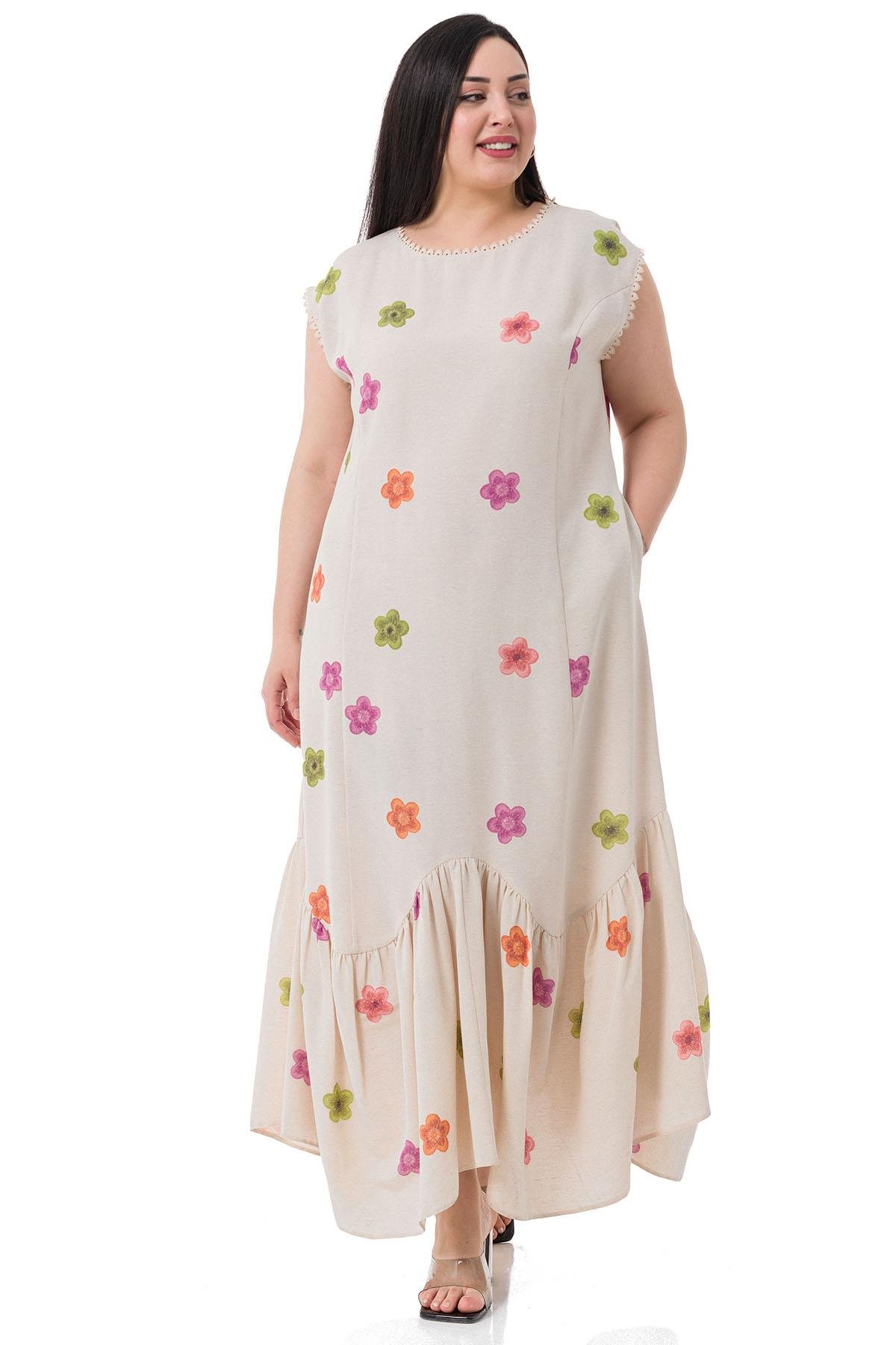 Daily DressesDisentis Modest Çiçek Desenli Pamuk Keten Kumaş Kolsuz Krem ElbiseDISENTIS MODESTBüyük Beden Çiçek Desenli Pamuk Keten Kumaş Kolsuz Krem Elbise