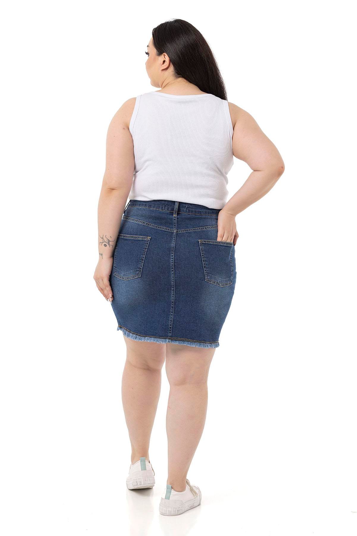 EtekDisentis Modest Eteği Püsküllü Düğme Detaylı Mavi Denim Mini EtekDISENTIS MODESTBüyük Beden Eteği Püsküllü Düğme Detaylı Mavi Denim Mini Etek