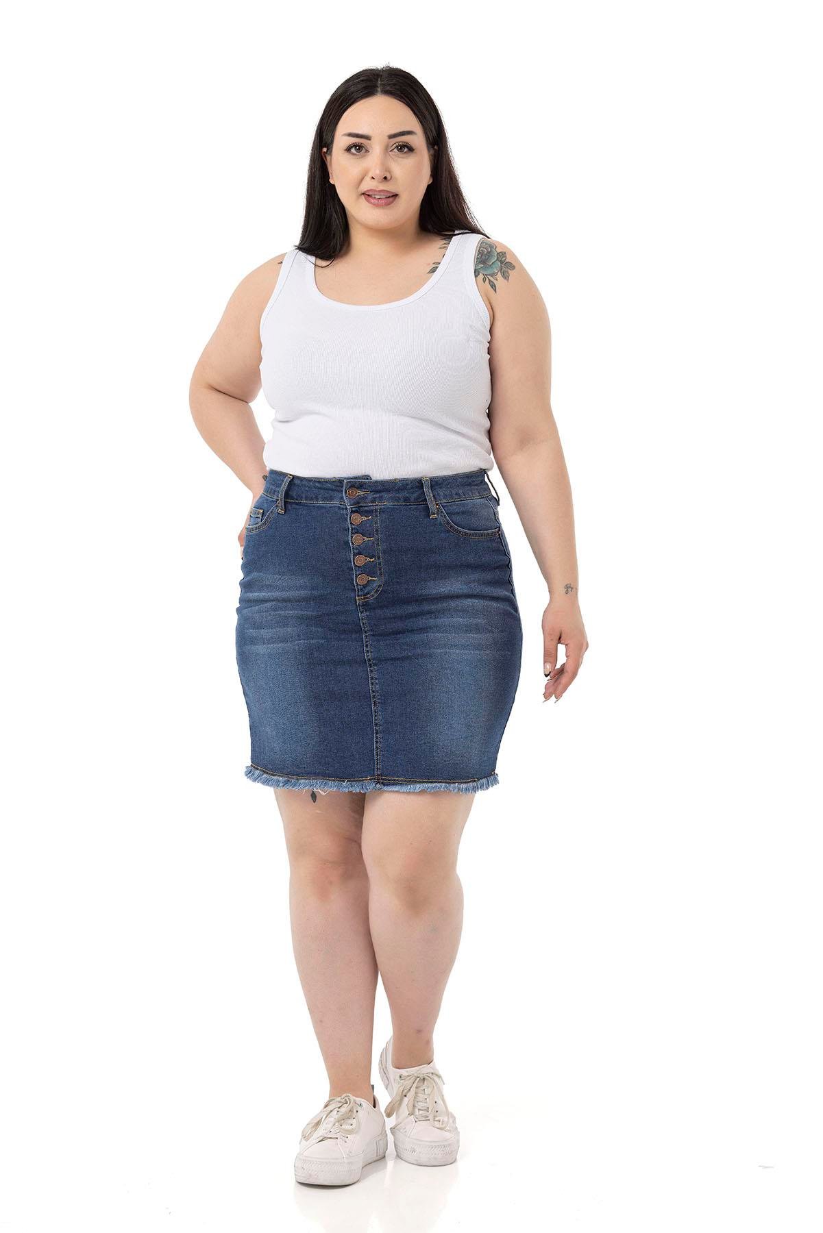 EtekDisentis Modest Eteği Püsküllü Düğme Detaylı Mavi Denim Mini EtekDISENTIS MODESTBüyük Beden Eteği Püsküllü Düğme Detaylı Mavi Denim Mini Etek