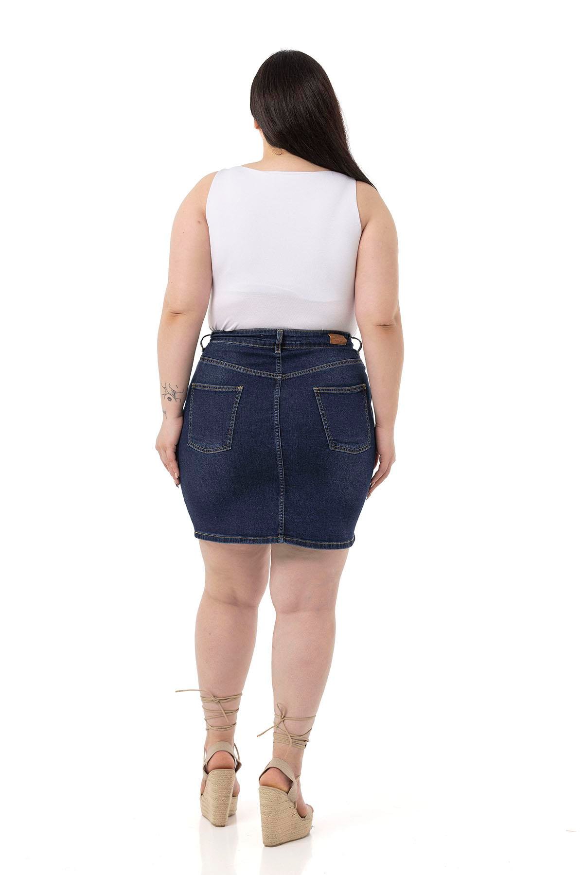 EtekDisentis Modest Taşlama Detaylı Beş Cepli Lacivert Mini Denim EtekDISENTIS MODESTBüyük Beden Taşlama Detaylı Beş Cepli Lacivert Mini Denim Etek